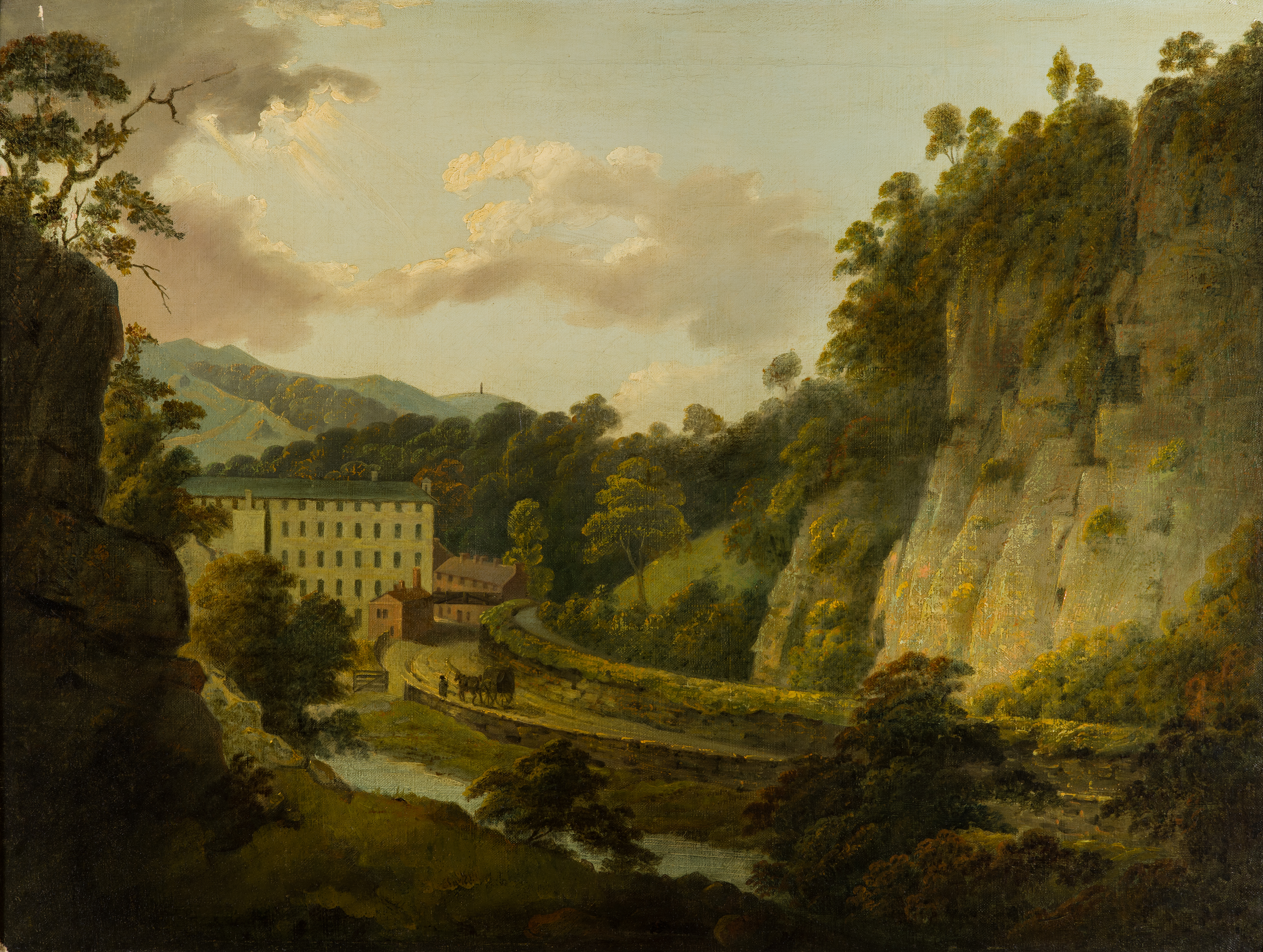 Painting of a landscape identified as Arkwright's Mills at Cromford. The mills appear nestled within a high-sided gorge. A road and brook lead towards them. Beyond, green hills and tall monument can be seen. Sunlight streams through clouds to the left of the scene. Painted by Joseph Wright of Derby (1734 - 1797). Oil on canvas in gilded frame.