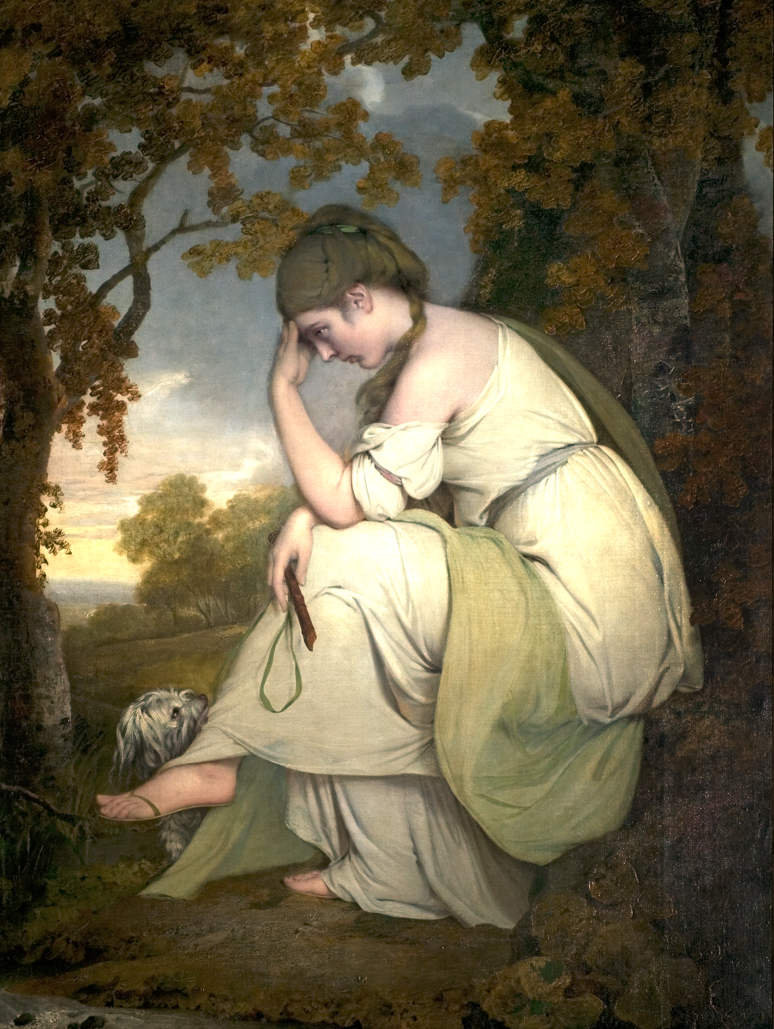 Painting of a woman, full length, facing left. She is seated in a landscape, with her head in resting in her left hand. In her right hand she holds a wooden recorder and green ribbon, which is attached to a small grey and white dog sitting at her feet. She is dressed in a classical-looking white gown, held at the waist by a light blue tie, and a long green shawl is draped over her right shoulder and over her left leg. She wears sandals. The landscape in which she is seated is green, with hints of autumn colour. Two trees, at either side of the canvas, frame the scene. The edge of a stream is visible in the lower left corner and beyond a green hill fringed by trees slopes away to the left to reveal a distant view of hills. An inscription on a rock to the lower right reads: 'I.W. Pinxt. / 1781'. Painted by Joseph Wright of Derby (1734 - 1797). Oil on canvas in gilded frame.
Painted by Joseph Wright of Derby (1734 - 1797). Oil on canvas in gilded frame. Glazed.