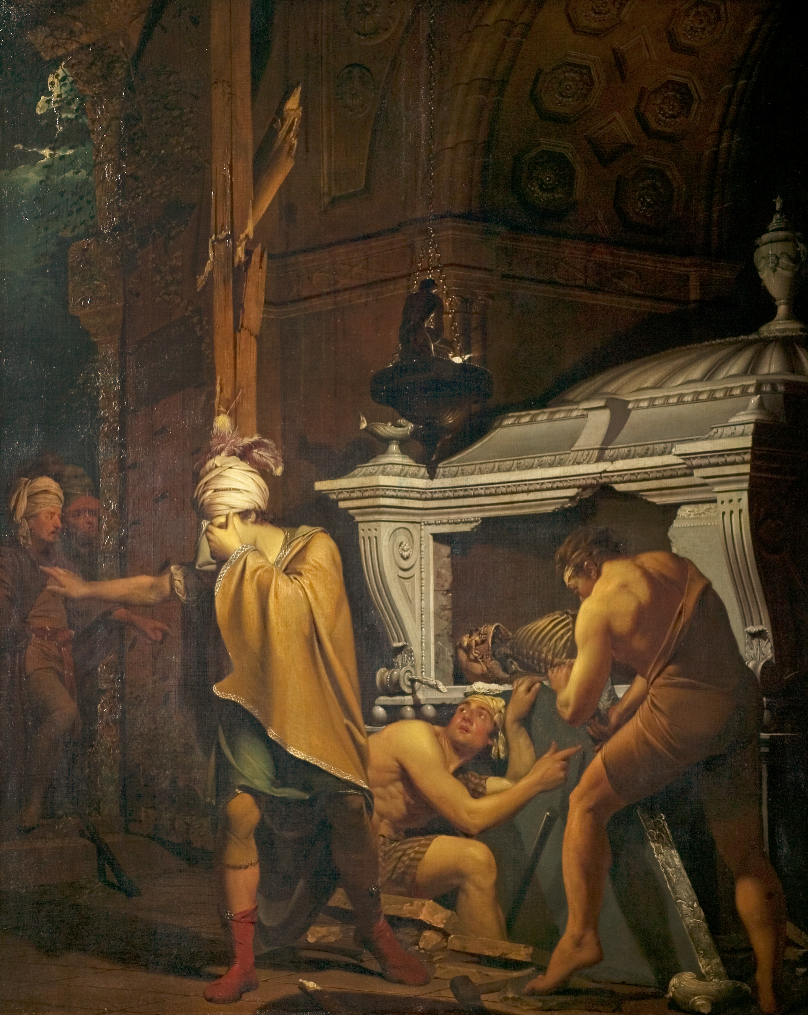 Painting of three male figures, breaking into a lamp lit tomb, by night. The figure to the left, a nobleman called Miravan, is richly dressed, and turns away in horror as one of his companions points to a Persian inscription on the tomb slab. Through a doorway on the far left hand side of the canvas, two further male figures peer in. Inscribed in the lower right hand corner along the edge of a stone slab 'I. WRIGHT Pxt. / 1772'. Painted by Joseph Wright of Derby (1734 - 1797). Oil on canvas in gilded frame.