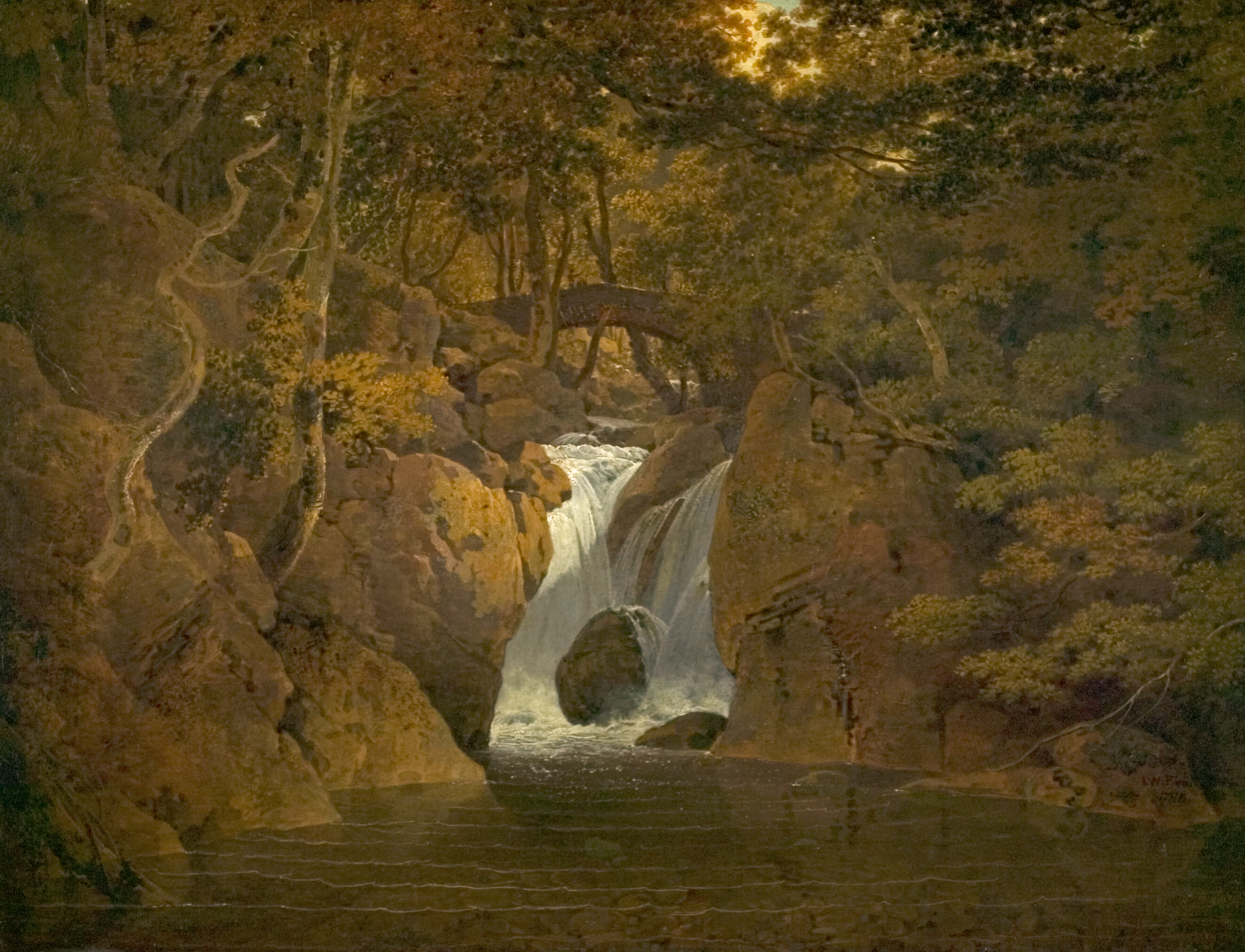 Painting of a waterfall with a bridge beyond. Sunlight peeps through the tree canopy above. The viewpoint is low and looks across the surface of a river towards the waterfall, set within a narrow rocky gorge. Pebbles and rocks are visible benath the water's surface. The canvas is inscribed 'I W Pinxt./ 1795', on a rock, in the lower right hand corner. Painted by Joseph Wright of Derby (1734 - 1797). Oil on canvas in gilded frame.
