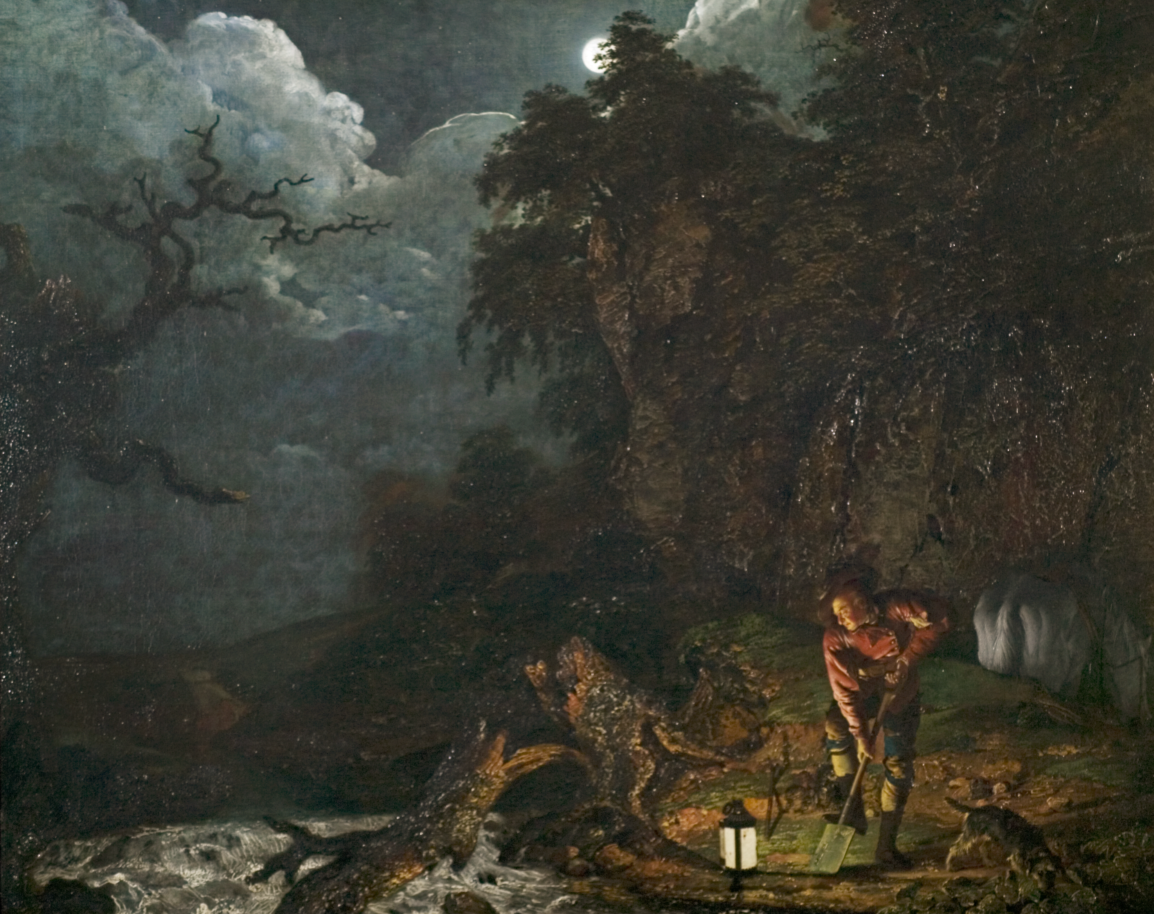 Painting of a man, called an 'earth stopper', in a nocturnal landscape digging by the light of a lantern. He is accompnaied by a dog and horse. To his left is a river and behind him a large expanse of rock, above which the moon glows brightly. In the distance a small thatched cottage is visible, with a solitary light burning in a window. Inscribed recto, lower left: 'J Wright Pinxt /1773'. Painted by Joseph Wright of Derby (1734 - 1797). Oil on canvas in carved and gilded frame. Unglazed.