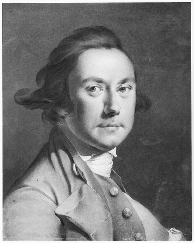 Portrait of a man in monochrome, identified as Joseph Wright of Derby; turned to the right, with left hand tucked inside waistcoat, facing forwards. He wears his hair tied back, but a little loose at the temples. He wears a coat and waistcoat and his shirt is closed by a close-fitting neck stock. Inscription to verso, on stetcher 'Joseph Wright of Derby / copied by William Pether'. Made by William Pether (1738 - 1821), c.1767-70(?), pastel on paper laid on canvas, in black painted frame. Glazed.