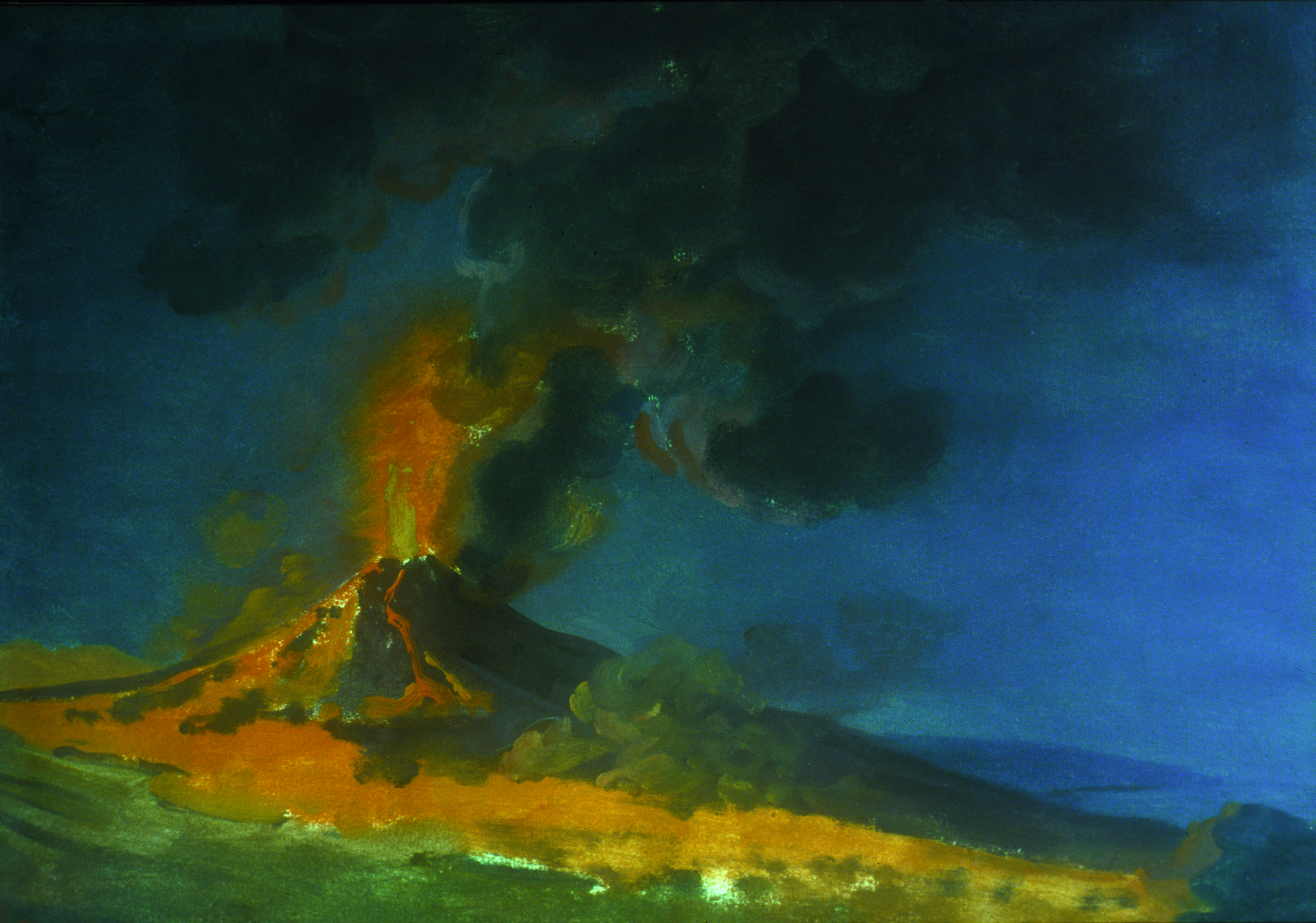 Painting of a volcano in eruption, titled 'Vesuvius in Eruption'. The volcano occupies the left two thirds of the paper. To the right the land drops away to reveal a view of the sea. A plume of lava and dark smoke erupts from the volcano's cone. A river of orange-yellow lava flows down the sides of the volcano and overland towards the foreground. The deep blue colour of the sky suggests that this is a nocturnal event. Made by Joseph Wright of Derby (1734-1797), c. 1774. Gouache on paper, mounted for display.