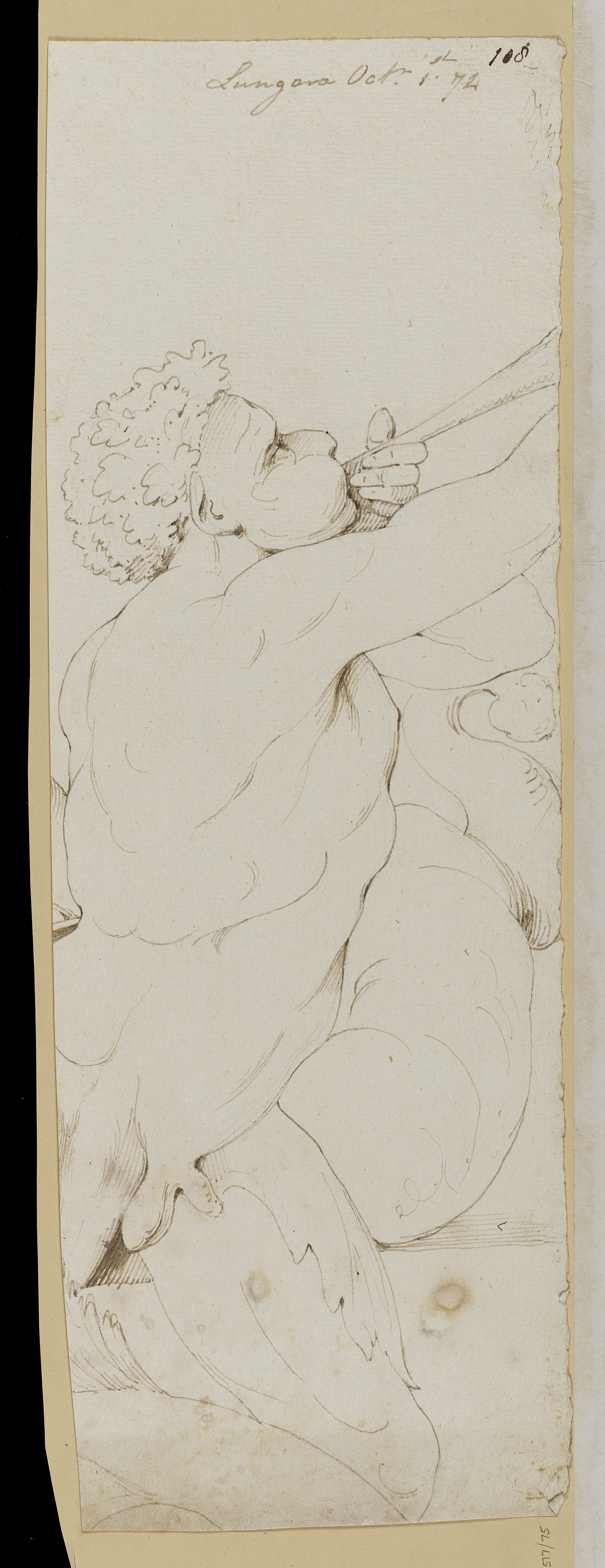 Drawing of a nude male figure, with the legs of a goat (a satyr), blowing a horn. He faces right and kneels on his left leg. Inscribed on recto, to top right (handwritten in ink): 'Lungara Octr. 1st. 74 108'. Made by Joseph Wright of Derby (1734-1797), 1774. Pen and ink over charcoal on paper.