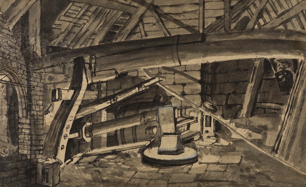 Drawing of the interior of a forge, showing a tilt hammer and anvil, identified as a study for Joseph Wright's paintings 'An Iron Forge' and 'An Iron Forge Viewed from Without'. A large beam supports the building. To the left is an arched opening. Inscribed on recto, along the bottom of the sheet (handwritten in ink): 'Original Study for the Iron Forge / J. Wright 1772'. Made by Joseph Wright of Derby (1734-1797), 1772. Pen and ink and ink wash, over pencil, heightened with white ink on paper. Displayed in a cream window mount.