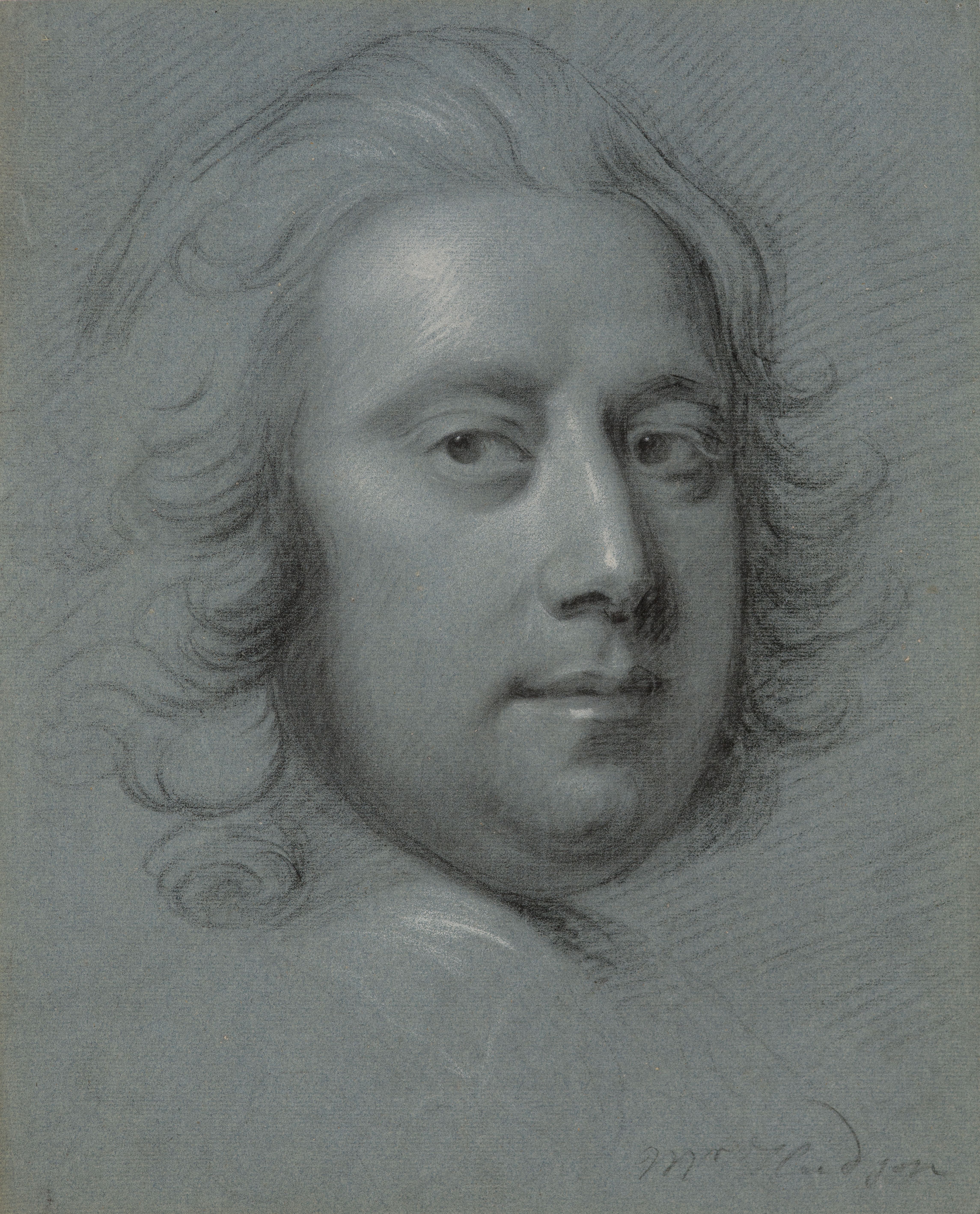 Study of a man, identified as Thomas Hudson, head only, facing slightly to the right. Inscribed to lower right (handwritten in black chalk): 'Mr Hudson'. Made by Joseph Wright of Derby (1734-1797), c. 1751. Black and white chalk on blue paper, in cream window mount.