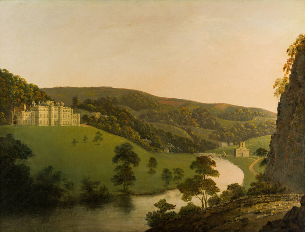 Painting of a landscape with a river running through its centre, identified as Willersley Castle and Cromford Bridge. To the left, sitting atop a grassy hill, is the large stone mansion called Willersley Castle, bathed in warm sunlight. Across the river is a church building. The right hand side of the canvas is dominated by a rocky outcrop. To the right of the foreground, a road is visible. Painted by Joseph Wright of Derby (1734 - 1797). Oil on canvas in gilded frame.