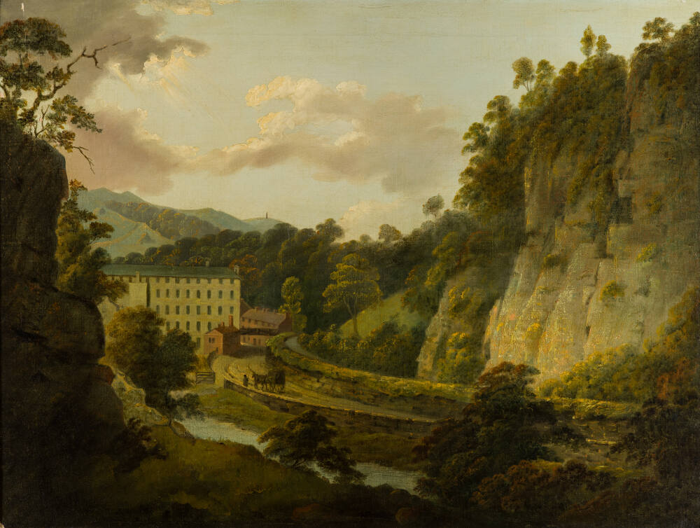 Painting of a landscape identified as Arkwright's Mills at Cromford. The mills appear nestled within a high-sided gorge. A road and brook lead towards them. Beyond, green hills and tall monument can be seen. Sunlight streams through clouds to the left of the scene. Painted by Joseph Wright of Derby (1734 - 1797). Oil on canvas in gilded frame.