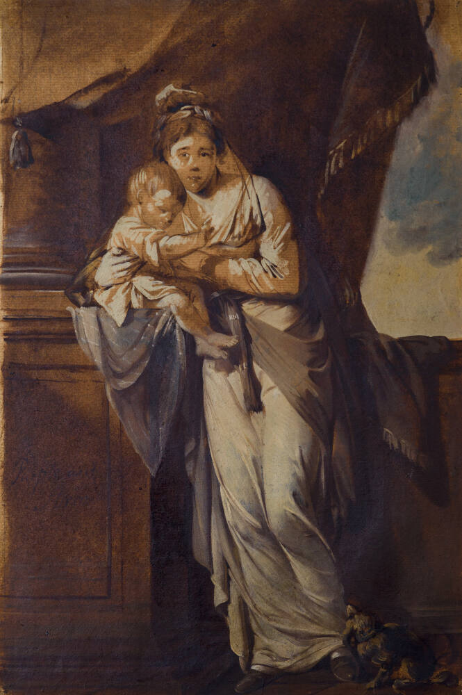 Painting of a woman standing beside a stone column supporting a small child. She is dressed in a white gown tied at the waist and her hair is piled high upon her head. Behind her is a drape and beyond, blue sky. Inscribed on the column plinth 'Purple and Straw'. Painted by Joseph Wright of Derby (1734 - 1797). Gouache and brown wash on paper.