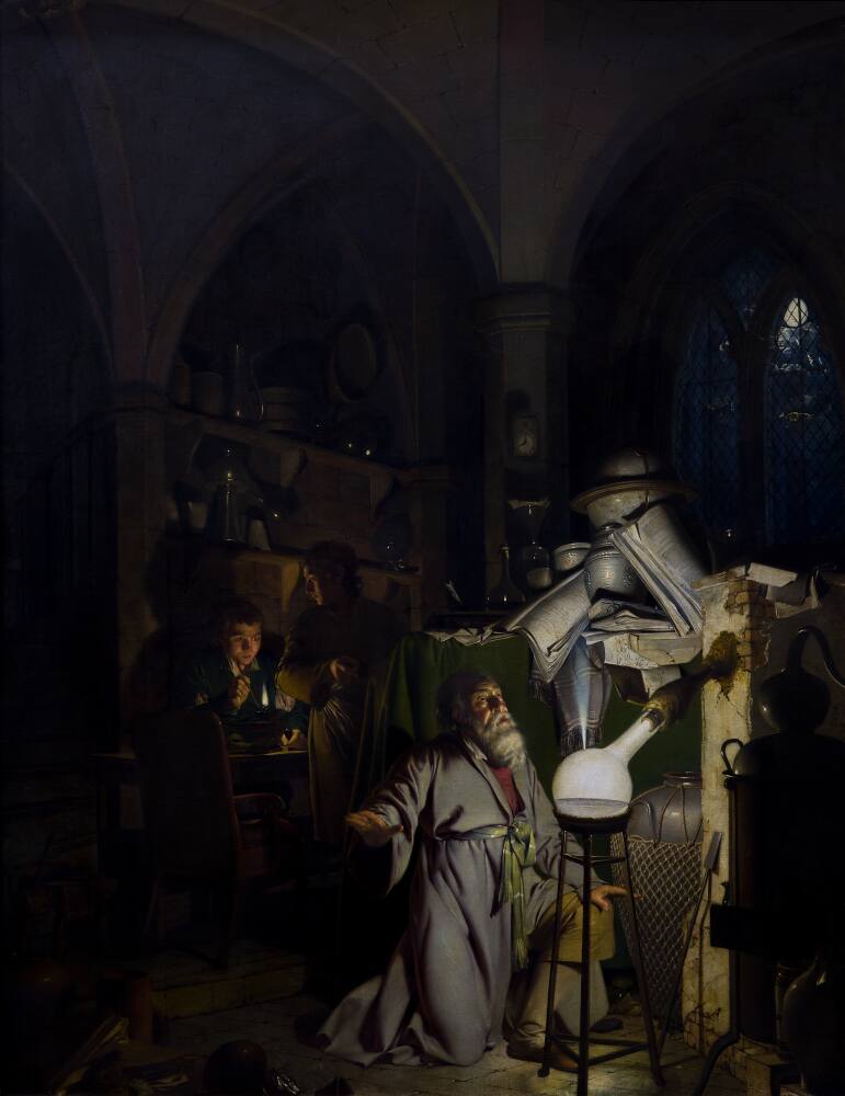 Painting of an alchemist kneeling before a glowing glass flask from which a jet of gas is being released. To his left two young, male assistants are working with a bunsen burner. One of them has stopped to turn and point towards the alchemist. The scene is set within a dark interior, the architecture of which appears gothic. Beyond the alchemist, through an arched, leaded window, a full moon is visible. Inscribed recto, to right of centre: 'J.W. /Pinxt. /1795'. Painted by Joseph Wright of Derby (1734 - 1797). Oil on canvas, in carved and gilded frame. Glazed.