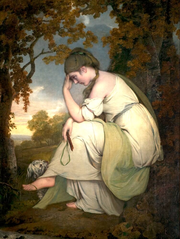 Painting of a woman, full length, facing left. She is seated in a landscape, with her head in resting in her left hand. In her right hand she holds a wooden recorder and green ribbon, which is attached to a small grey and white dog sitting at her feet. She is dressed in a classical-looking white gown, held at the waist by a light blue tie, and a long green shawl is draped over her right shoulder and over her left leg. She wears sandals. The landscape in which she is seated is green, with hints of autumn colour. Two trees, at either side of the canvas, frame the scene. The edge of a stream is visible in the lower left corner and beyond a green hill fringed by trees slopes away to the left to reveal a distant view of hills. An inscription on a rock to the lower right reads: 'I.W. Pinxt. / 1781'. Painted by Joseph Wright of Derby (1734 - 1797). Oil on canvas in gilded frame.

Painted by Joseph Wright of Derby (1734 - 1797). Oil on canvas in gilded frame. Glazed.