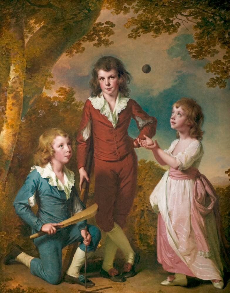 Portrait of three children playing cricket within a glade, called 'The Wood Children'. They are Robert (left), John (centre) and Mary (right), children of Hugh and Sarah Wood of Swanwick Derbyshire. An inscription to the lower left of the canvas reads: 'I. W. P. / 1789'. Painted by Joseph Wright of Derby (1734 - 1797). Oil on canvas in gilded frame.