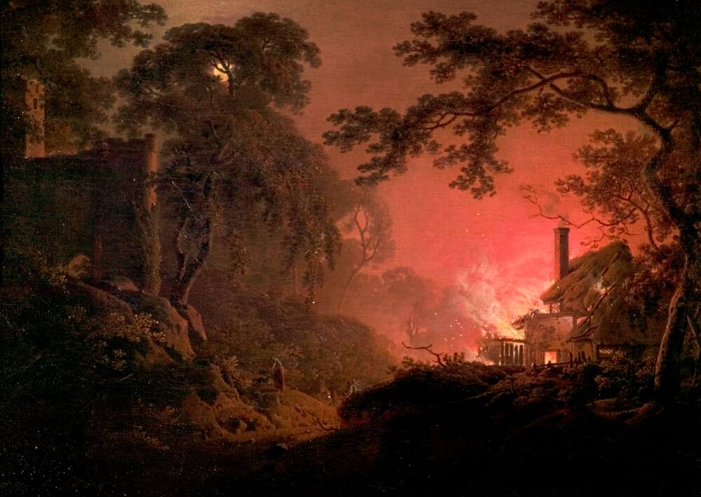 Painting of a cottage on fire, by night. The cottage is situated within wooded surroundings and occupies the lower right hand corner of the canvas. The fire illuminates some ruins on an opposite bank, to the left of the cottage. Between them, the figures of a man, woman and dog - presumably the cottage's occupants - scramble away to safety. The dog turns its head to the left; its attention caught by something unseen within the ruins. Above, a full moon is visible through the trees. Signed and dated in the lower left hand corner of the canvas:  'I W Pinxt. 1793'. Painted by Joseph Wright of Derby (1734 - 1797). Oil on canvas in gilded frame.