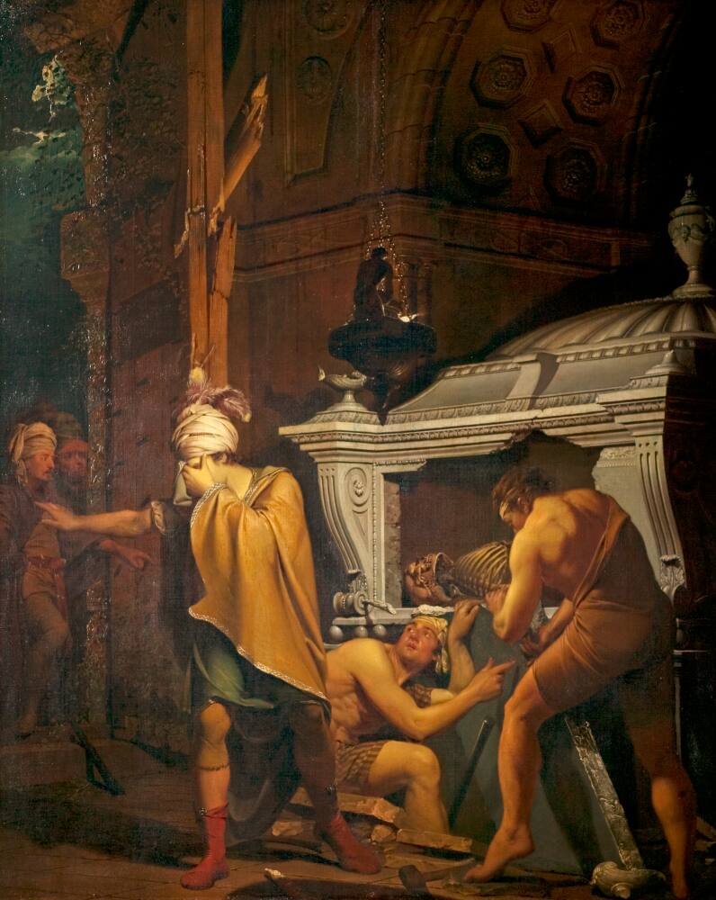 Painting of three male figures, breaking into a lamp lit tomb, by night. The figure to the left, a nobleman called Miravan, is richly dressed, and turns away in horror as one of his companions points to a Persian inscription on the tomb slab. Through a doorway on the far left hand side of the canvas, two further male figures peer in. Inscribed in the lower right hand corner along the edge of a stone slab 'I. WRIGHT Pxt. / 1772'. Painted by Joseph Wright of Derby (1734 - 1797). Oil on canvas in gilded frame.