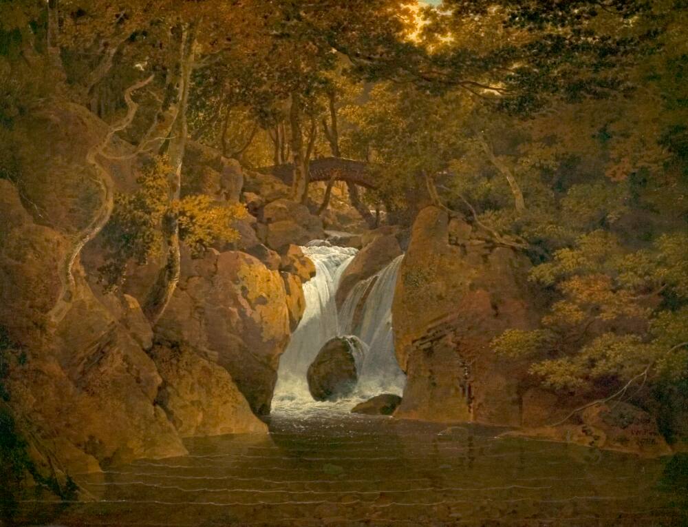 Painting of a waterfall with a bridge beyond. Sunlight peeps through the tree canopy above. The viewpoint is low and looks across the surface of a river towards the waterfall, set within a narrow rocky gorge. Pebbles and rocks are visible benath the water's surface. The canvas is inscribed 'I W Pinxt./ 1795', on a rock, in the lower right hand corner. Painted by Joseph Wright of Derby (1734 - 1797). Oil on canvas in gilded frame.