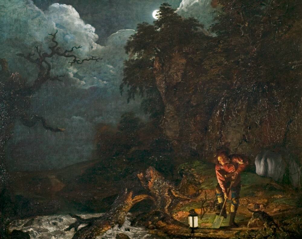 Painting of a man, called an 'earth stopper', in a nocturnal landscape digging by the light of a lantern. He is accompnaied by a dog and horse. To his left is a river and behind him a large expanse of rock, above which the moon glows brightly. In the distance a small thatched cottage is visible, with a solitary light burning in a window. Inscribed recto, lower left: 'J Wright Pinxt /1773'. Painted by Joseph Wright of Derby (1734 - 1797). Oil on canvas in carved and gilded frame. Unglazed.