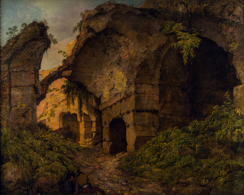 Painting showing a view from within the Colosseum in Rome. In the foreground, two male figures appear to discuss the structure, dwarfed by its monumental scale. To the right of them, a large slope covered in vegetation, leads into a dark vaulted space. This area had suffered extensive damage in the past and evidence of its restoration, including the addition of a canvas infill, is slightly visible. Beyond the figures, the main structure of the Colosseum is visible, illuminated by warm sunlight. Inscribed to recto, lower right 'I. W. P. 178[?]'. Painted by Joseph Wright of Derby (1734 - 1797). Oil on canvas in gilded frame.