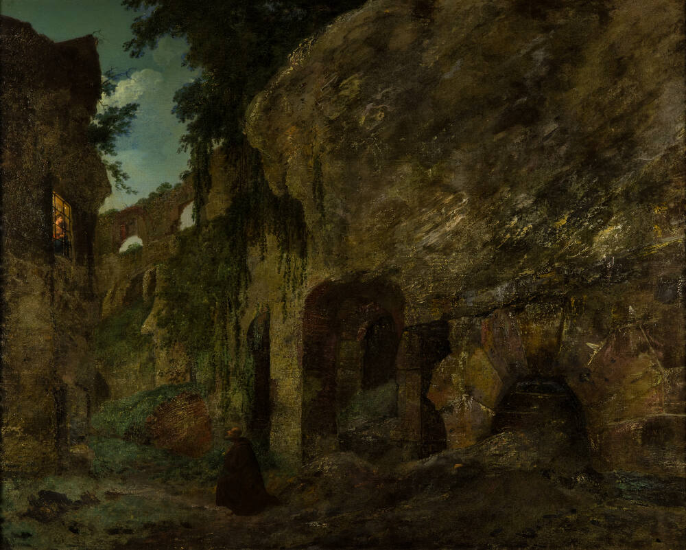 Painting showing a view from within the Colosseum in Rome, by night. In the centre of the scene is the figure of a friar, kneeling before a candlelit shrine. This is occupied by a female figure wearing a crown, who sits behind an iron grill or window. Much of the painting shows evidence of past damage and restoration. Inscribed to recto, lower right, as though carved into the face of the masonry, 'I. W. P. 1789'. Painted by Joseph Wright of Derby (1734 - 1797). Oil on canvas in gilded frame.