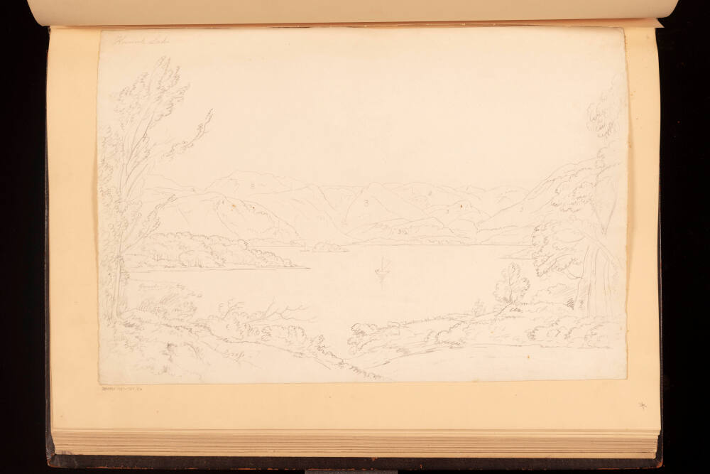 Drawing of a landscape, identified by inscription to top left corner as 'Keswick Lake'. Annotated with numbers and the words 'gravel', 'grass', and 'sand'. Made by Joseph Wright (1734 - 1797), c. 1794. Pencil on paper. Sheet pasted into bound album 1937-739.