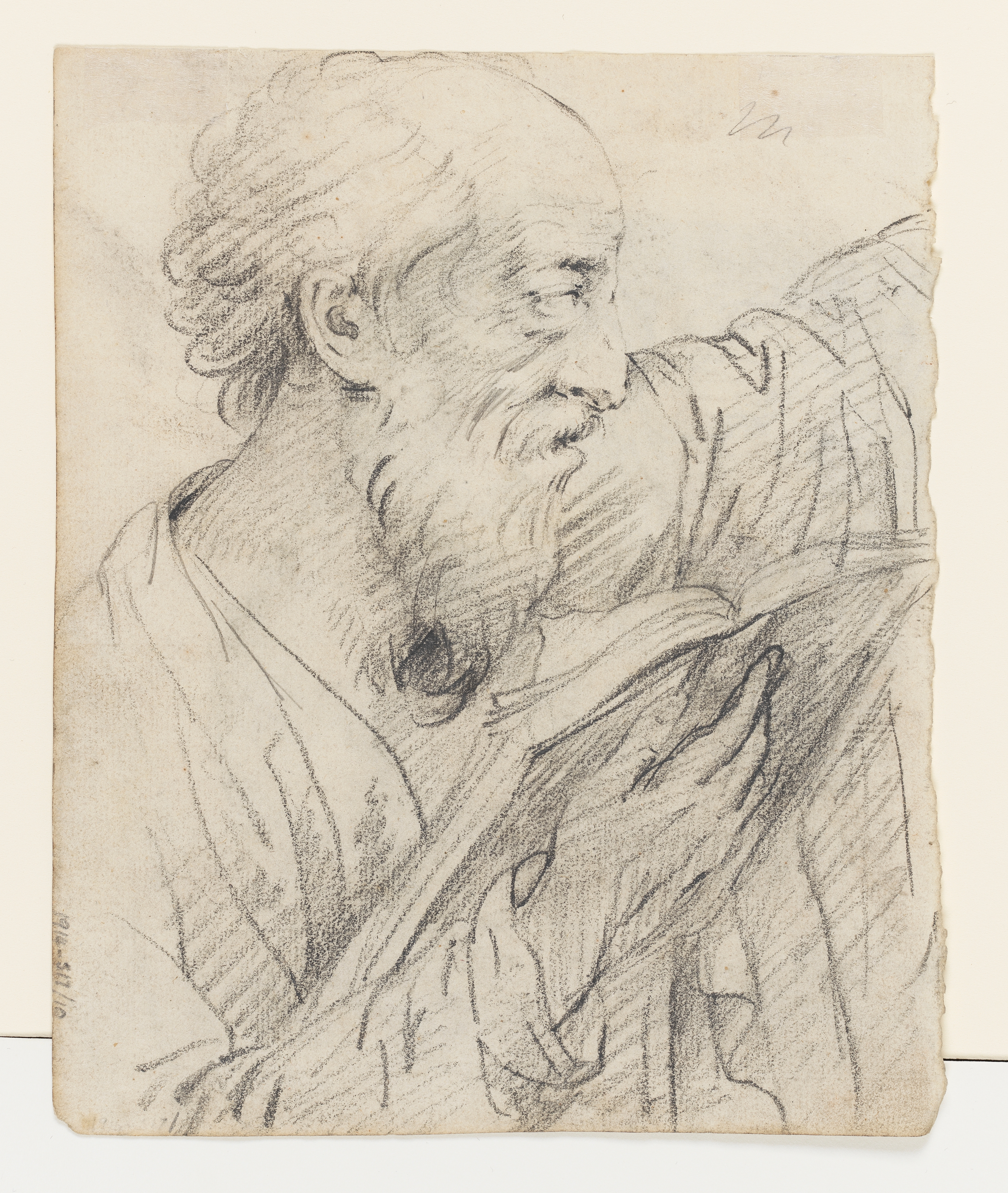Drawing of a nude male figure, identified as a study of the Hellenistic sculpture known as the 'Borghese Gladiator', which is at the Louvre in Paris (formerly at the Villa Borghese, Rome). The figure lunges forwards dramatically (towards the left of the sheet), his left arm raised and obscuring his face; his right arm behind clutching a sword hilt. Numerous tears and creases throughout; a piece of the sheet has been torn away from the left and lower right sides. Made by Joseph Wright of Derby (1734 - 1797), c. 1764-1765. Pen and ink and grey ink wash over pencil on brown paper.