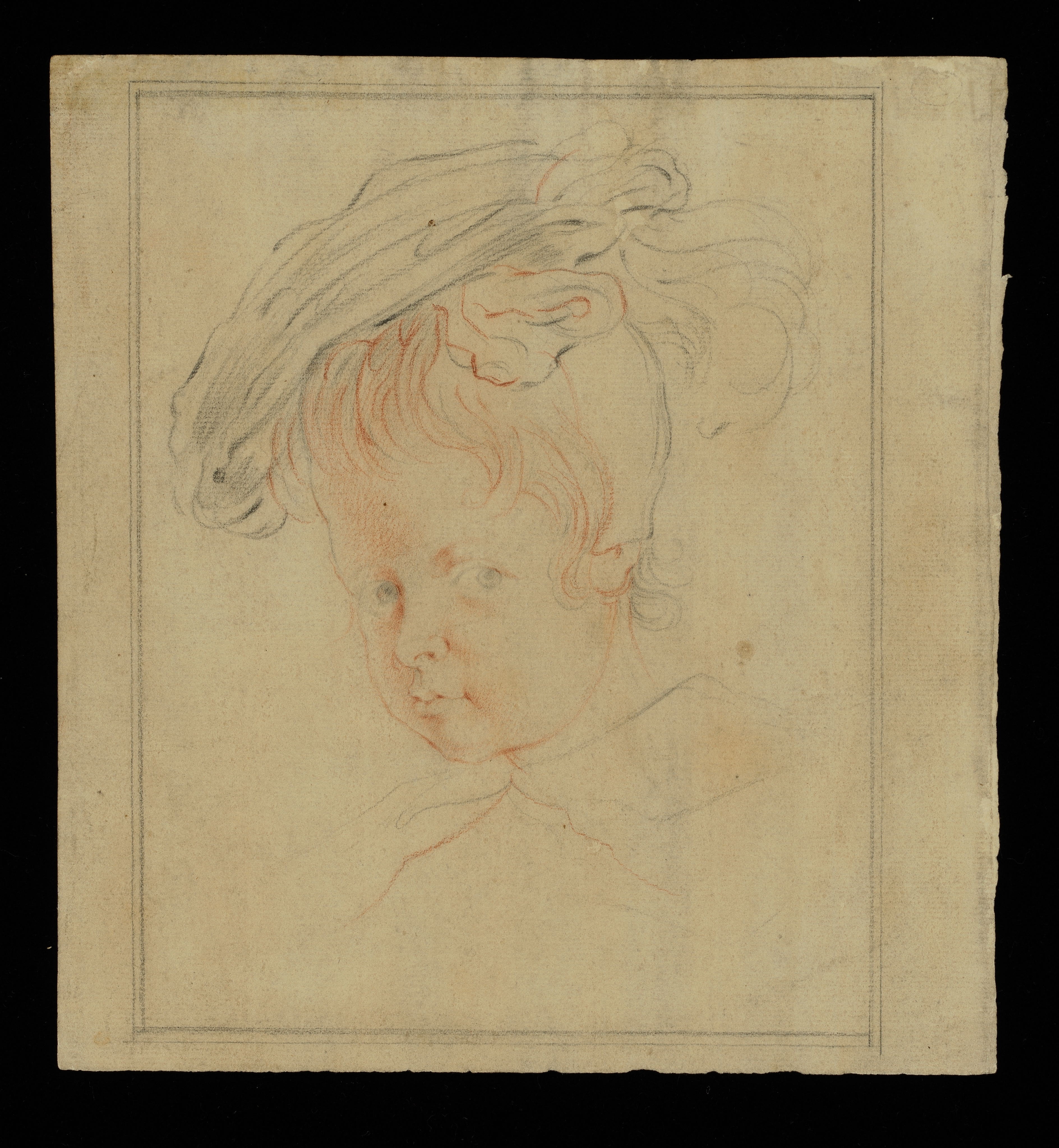 Drawing of a nude male figure, identified as a study of the Hellenistic sculpture known as the 'Borghese Gladiator', which is at the Louvre in Paris (formerly at the Villa Borghese, Rome). The figure lunges forwards dramatically (towards the left of the sheet), his left arm raised and obscuring his face; his right arm behind clutching a sword hilt. Numerous tears and creases throughout; a piece of the sheet has been torn away from the left and lower right sides. Made by Joseph Wright of Derby (1734 - 1797), c. 1764-1765. Pen and ink and grey ink wash over pencil on brown paper.