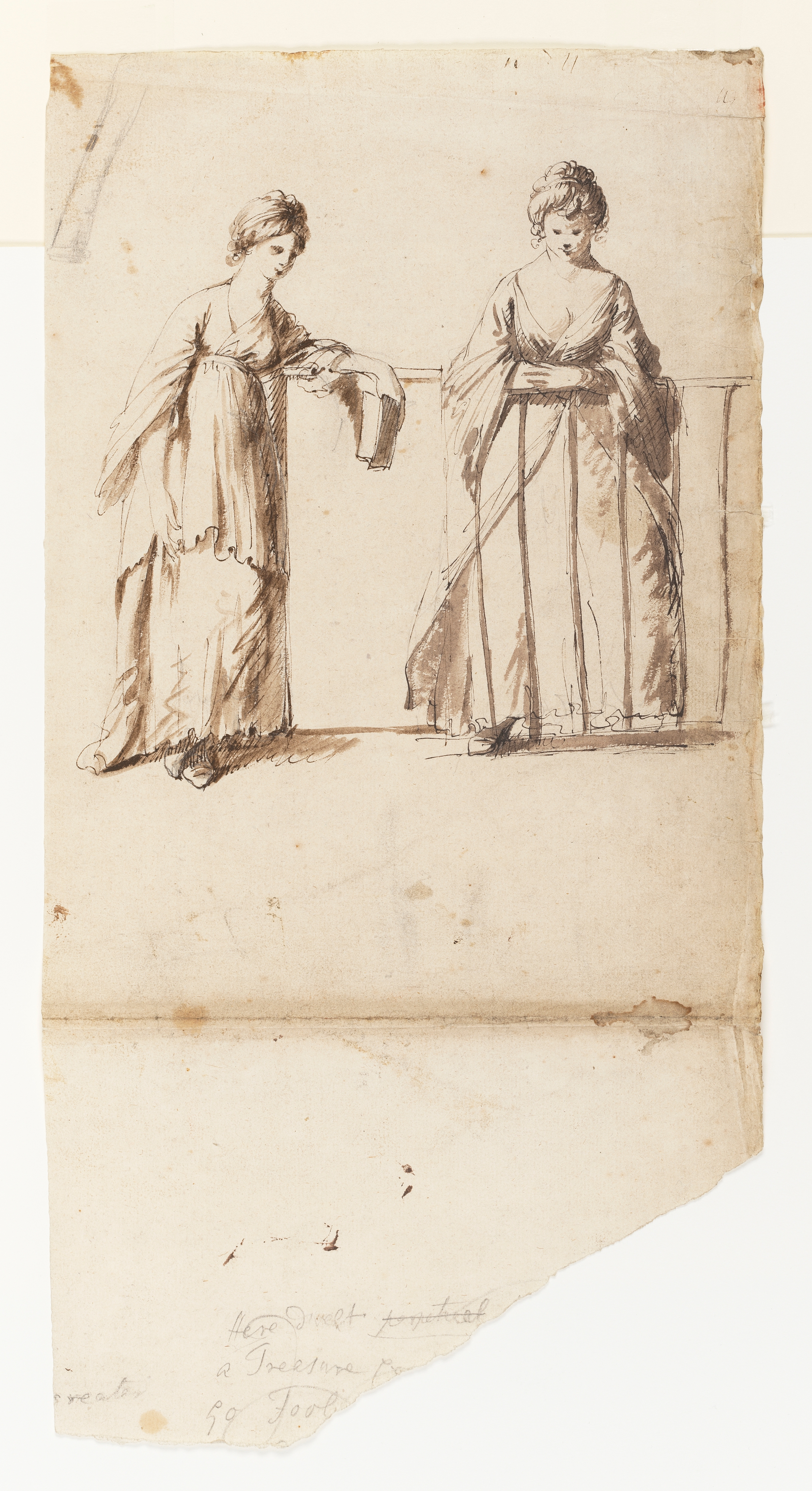 Drawing of a nude male figure, identified as a study of the Hellenistic sculpture known as the 'Borghese Gladiator', which is at the Louvre in Paris (formerly at the Villa Borghese, Rome). The figure lunges forwards dramatically (towards the left of the sheet), his left arm raised and obscuring his face; his right arm behind clutching a sword hilt. Numerous tears and creases throughout; a piece of the sheet has been torn away from the left and lower right sides. Made by Joseph Wright of Derby (1734 - 1797), c. 1764-1765. Pen and ink and grey ink wash over pencil on brown paper.
