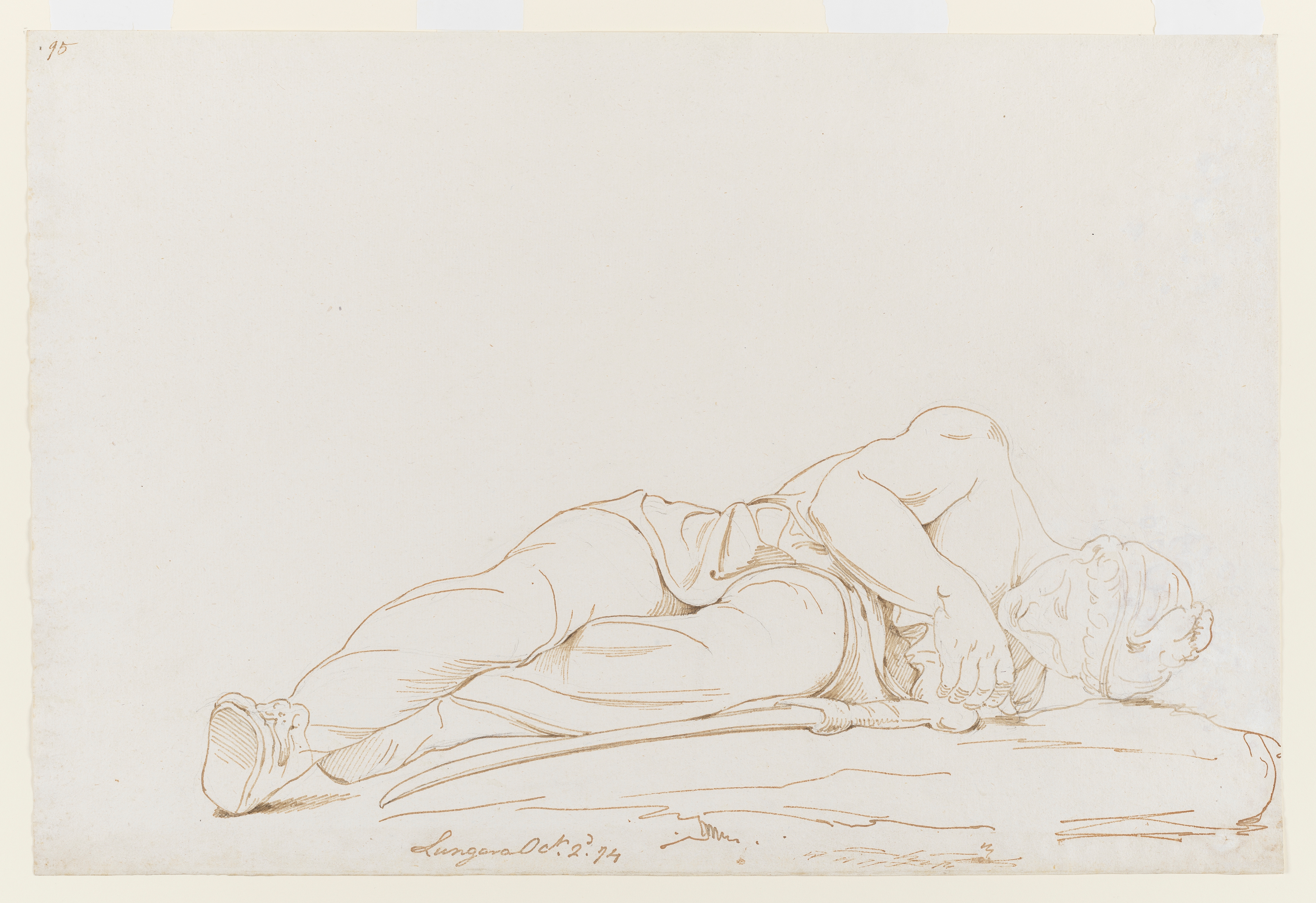 Drawing of a male figure lying down, identified as 'The Dead Asiatic', an Antique sculpture. Inscribed on recto, lower left of centre (handwritten in ink): 'Lungara Oct. 2d. 1774' and to top left (handwritten in ink): '95'. Made by Joseph Wright of Derby (1734-1797), 1774. Pen and ink over pencil on off-white laid paper. Displayed in a cream window mount.