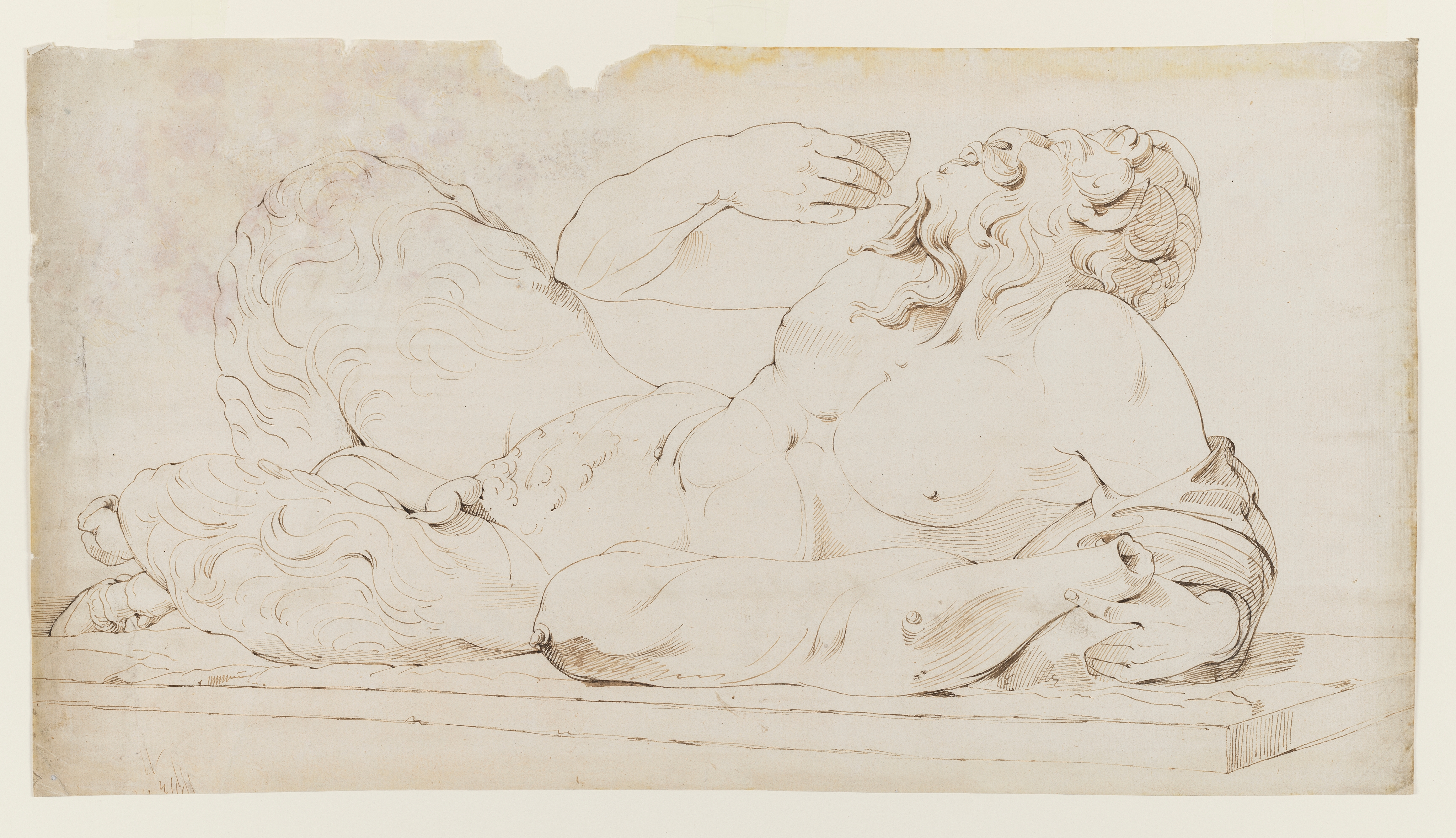 Drawing of a nude male figure, identified as a study of the Hellenistic sculpture known as the 'Borghese Gladiator', which is at the Louvre in Paris (formerly at the Villa Borghese, Rome). The figure lunges forwards dramatically (towards the left of the sheet), his left arm raised and obscuring his face; his right arm behind clutching a sword hilt. Numerous tears and creases throughout; a piece of the sheet has been torn away from the left and lower right sides. Made by Joseph Wright of Derby (1734 - 1797), c. 1764-1765. Pen and ink and grey ink wash over pencil on brown paper.