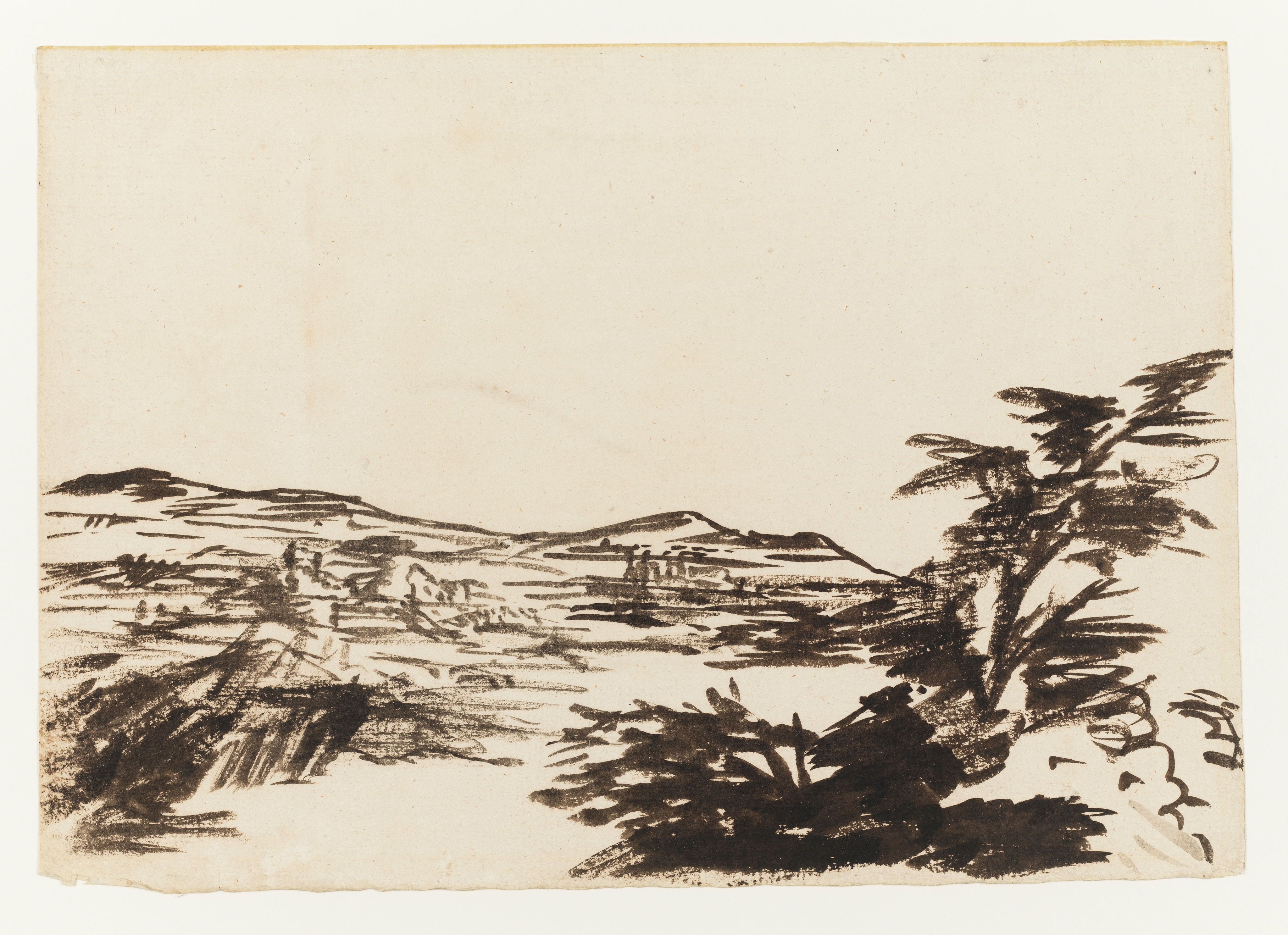 Drawing of a landscape, made according to the 'blot' method pioneered by Alexander Cozens. A view of hills with a town below; a tree to the right. Made by Joseph Wright of Derby (1734 - 1797), c.1770. Ink on paper. Displayed in a cream window mount.