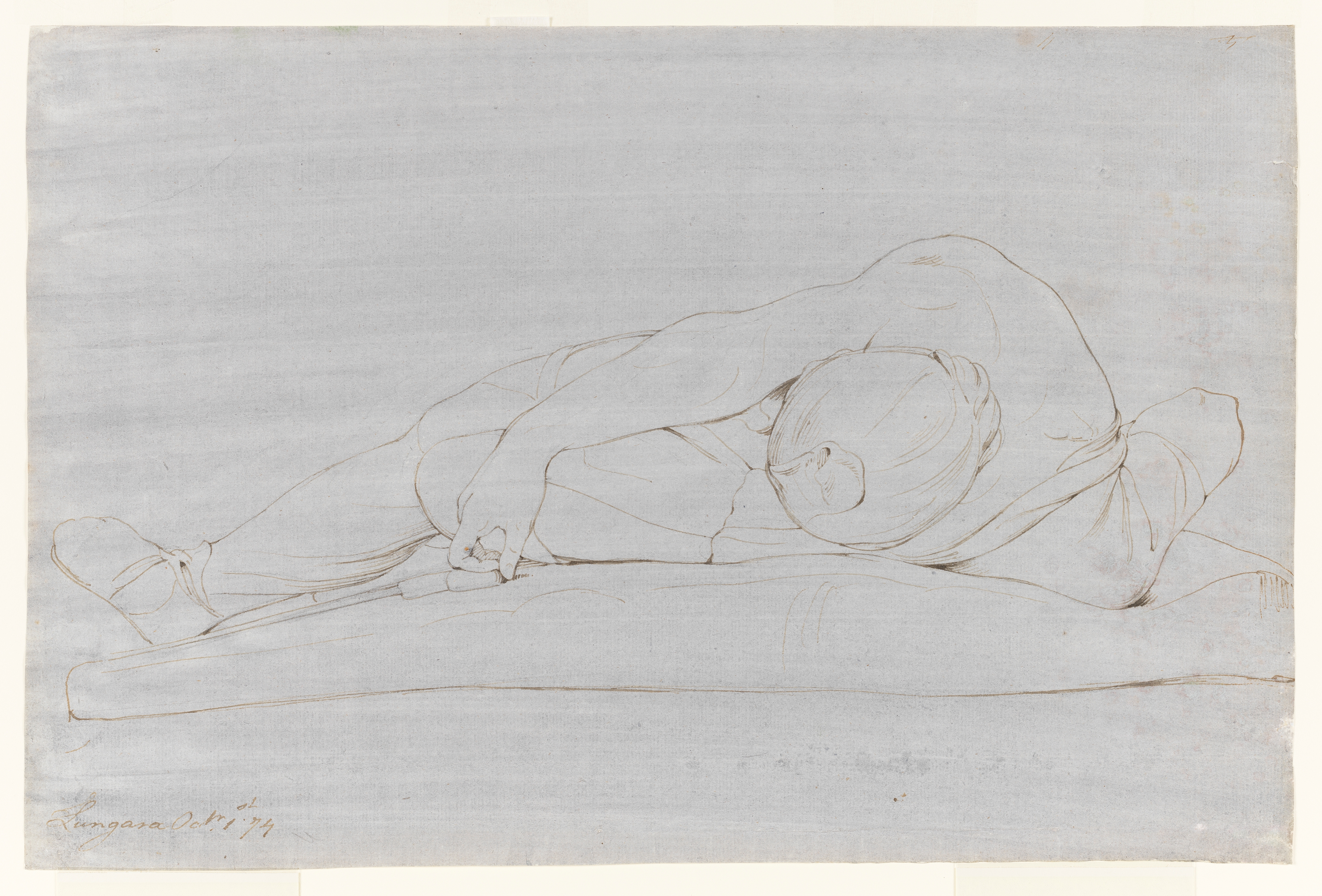 Drawing of a male figure lying down with an arm and leg outstreched, identified as 'The Dead Asiatic', after the Antique sculpture. Inscribed on recto, to lower left (handwritten in ink): 'Lungara Octr. 1st 74' and to top right (handwritten in ink) a illegible number, perhaps '3'? Made by Joseph Wright of Derby (1734-1797), 1774. Pen and ink over pencil on laid paper, toned with grey-blue wash. Displayed in a cream window mount.
