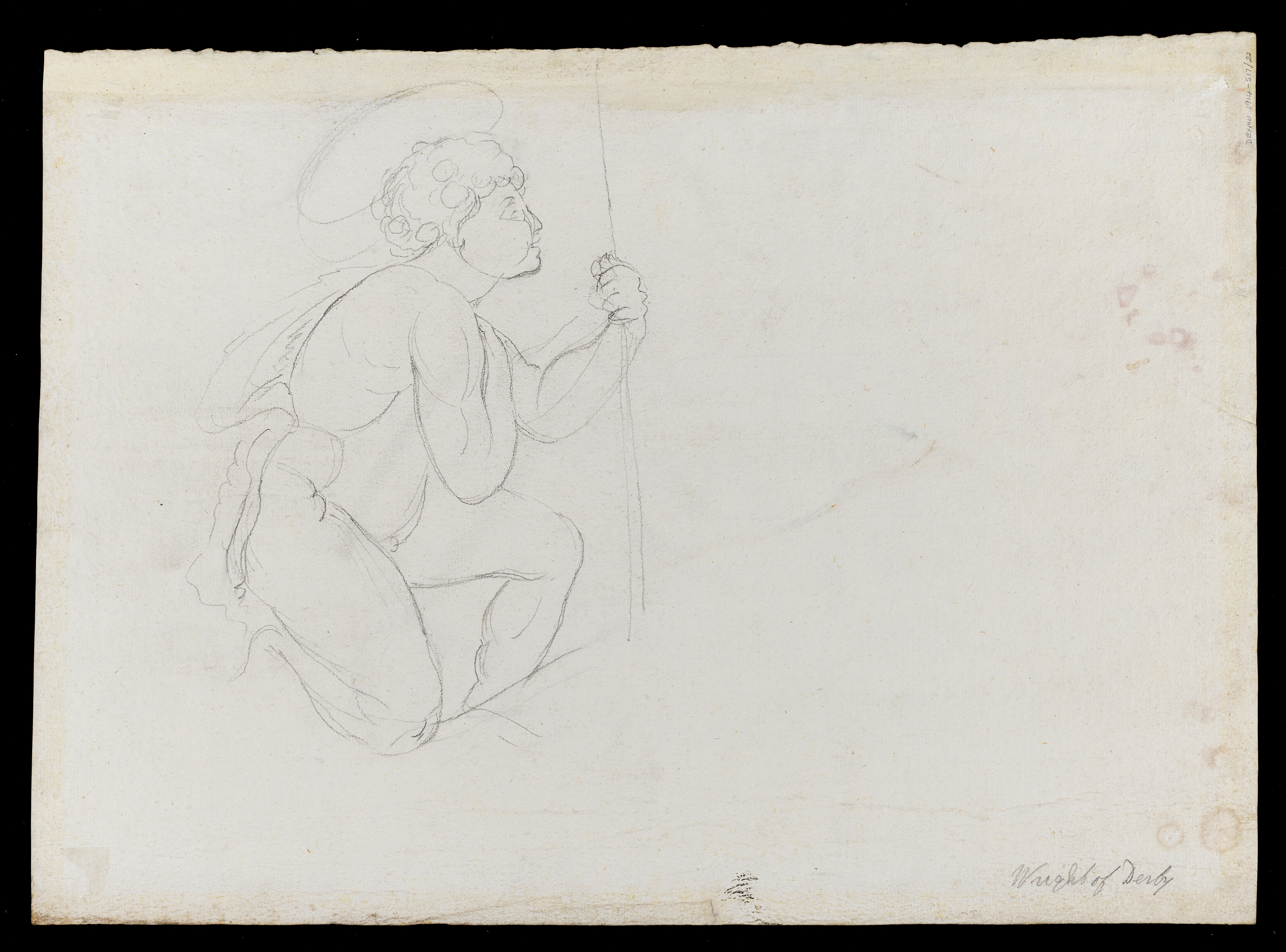 Drawing of a landscape, made according to the 'blot' method pioneered by Alexander Cozens. A view of hills with a town below; a tree to the right. Made by Joseph Wright of Derby (1734 - 1797), c.1770. Ink on paper. Displayed in a cream window mount.