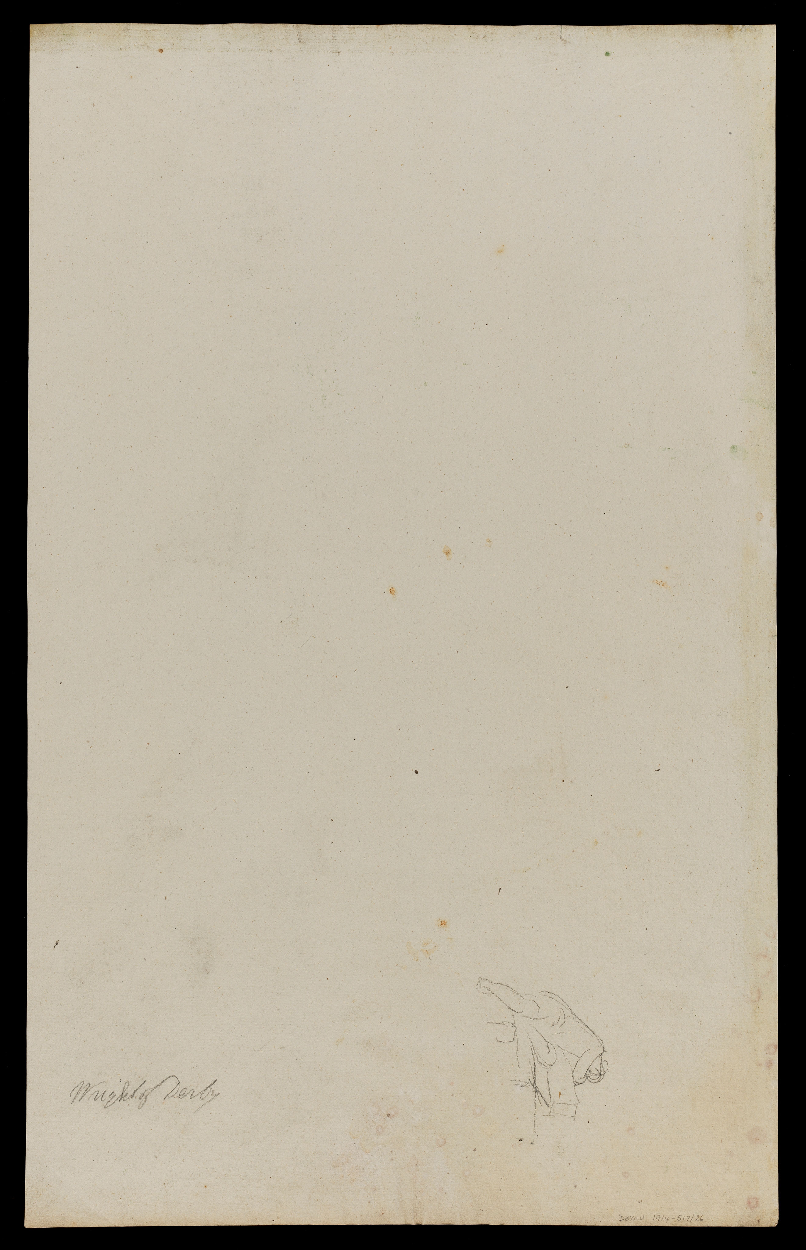 Drawing of a landscape, made according to the 'blot' method pioneered by Alexander Cozens. A view of hills with a town below; a tree to the right. Made by Joseph Wright of Derby (1734 - 1797), c.1770. Ink on paper. Displayed in a cream window mount.