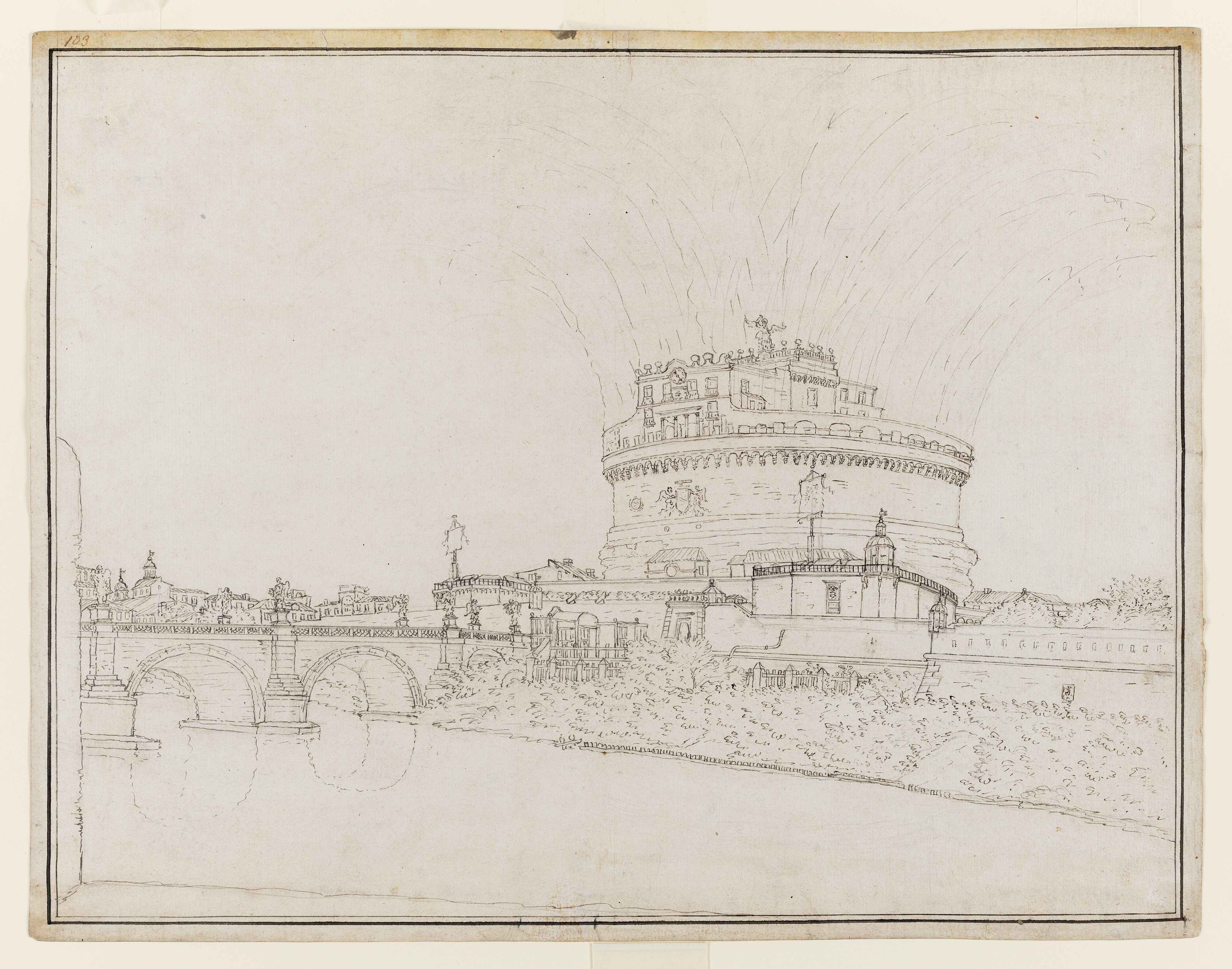 Drawing of a firework display at the Castel Sant'Angelo in Rome. The view is from the opposite bank of the River Tiber, with the Ponte Sant'Angelo to the left. Drawing framed by an ink border. Inscribed on recto, to top left corner, above border (handwritten in ink): ‘103’. Slight pencil markings on verso. Made by Joseph Wright of Derby (1734 - 1797), c.1774-1775. Pen and ink over pencil on paper. Displayed in a cream window mount.