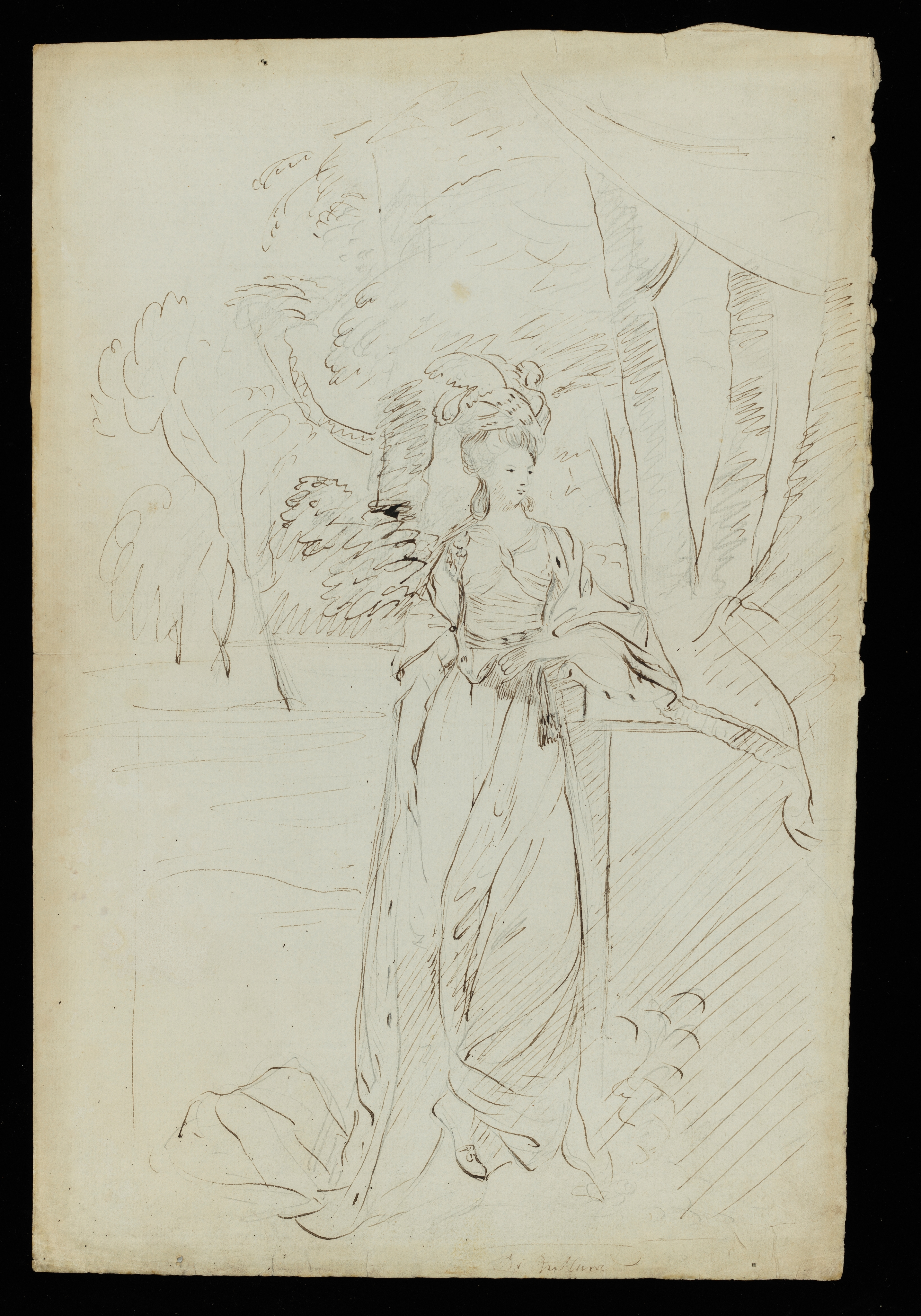 Drawing of a firework display at the Castel Sant'Angelo in Rome. The view is from the opposite bank of the River Tiber, with the Ponte Sant'Angelo to the left. Drawing framed by an ink border. Inscribed on recto, to top left corner, above border (handwritten in ink): ‘103’. Slight pencil markings on verso. Made by Joseph Wright of Derby (1734 - 1797), c.1774-1775. Pen and ink over pencil on paper. Displayed in a cream window mount.