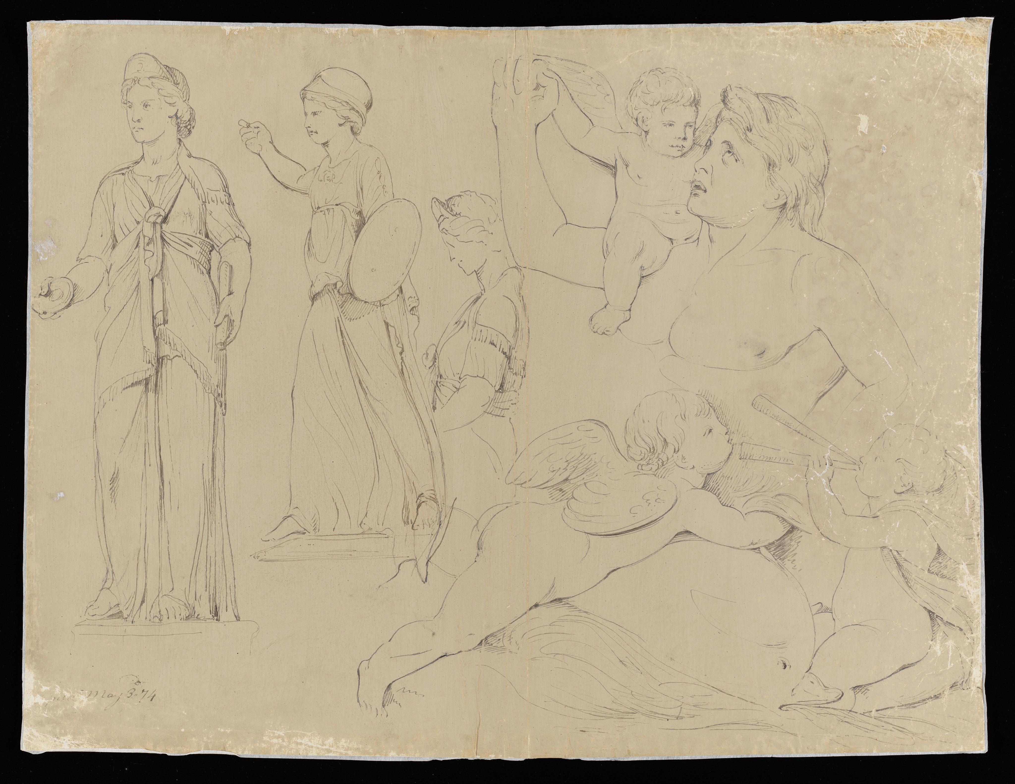 Drawing of a variety of different figures, after the Antique. From left to right: a female figure in a headdress holding a disk-shaped object in her right hand and a baton in her left hand; a female figure wearing a helmet and holding a shield; a female figure in profile, to the waist; a nude male figure, to waist, with a winged putto on his shoulder; a winged putto on the back of a fish; an infant or putto playing pipes. Inscribed on recto, to lower left (handwritten in ink): 'Capitol May 3d 74'. Made by Joseph Wright of Derby (1734 - 1797). Pen and ink over pencil on paper toned brown. Displayed in a cream window mount.