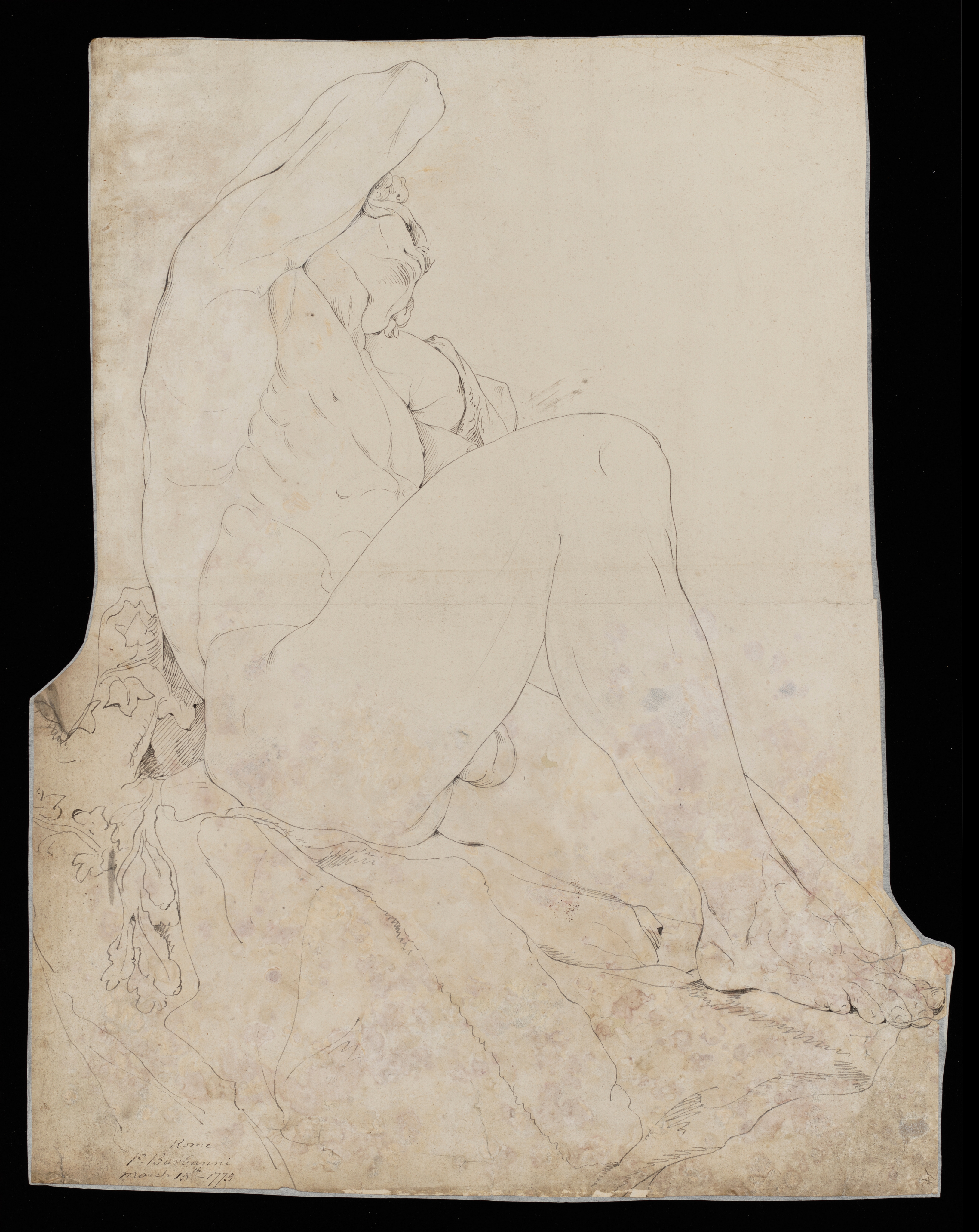 Drawing of a nude male figure, reclining, identified as the sculpture known as the 'Barberini Faun'. Inscribed on recto, to lower left (handwritten in ink): 'Rome / P. Barbarini [sic] / March 15th -1775' and to lower right (handwritten in ink): '4'. Sheet is heavily stained and lft and right sides have been cut down. Made by Joseph Wright (1734 - 1797), 1775. Pen and ink over pencil on cream laid paper. Displayed in a cream window mount.