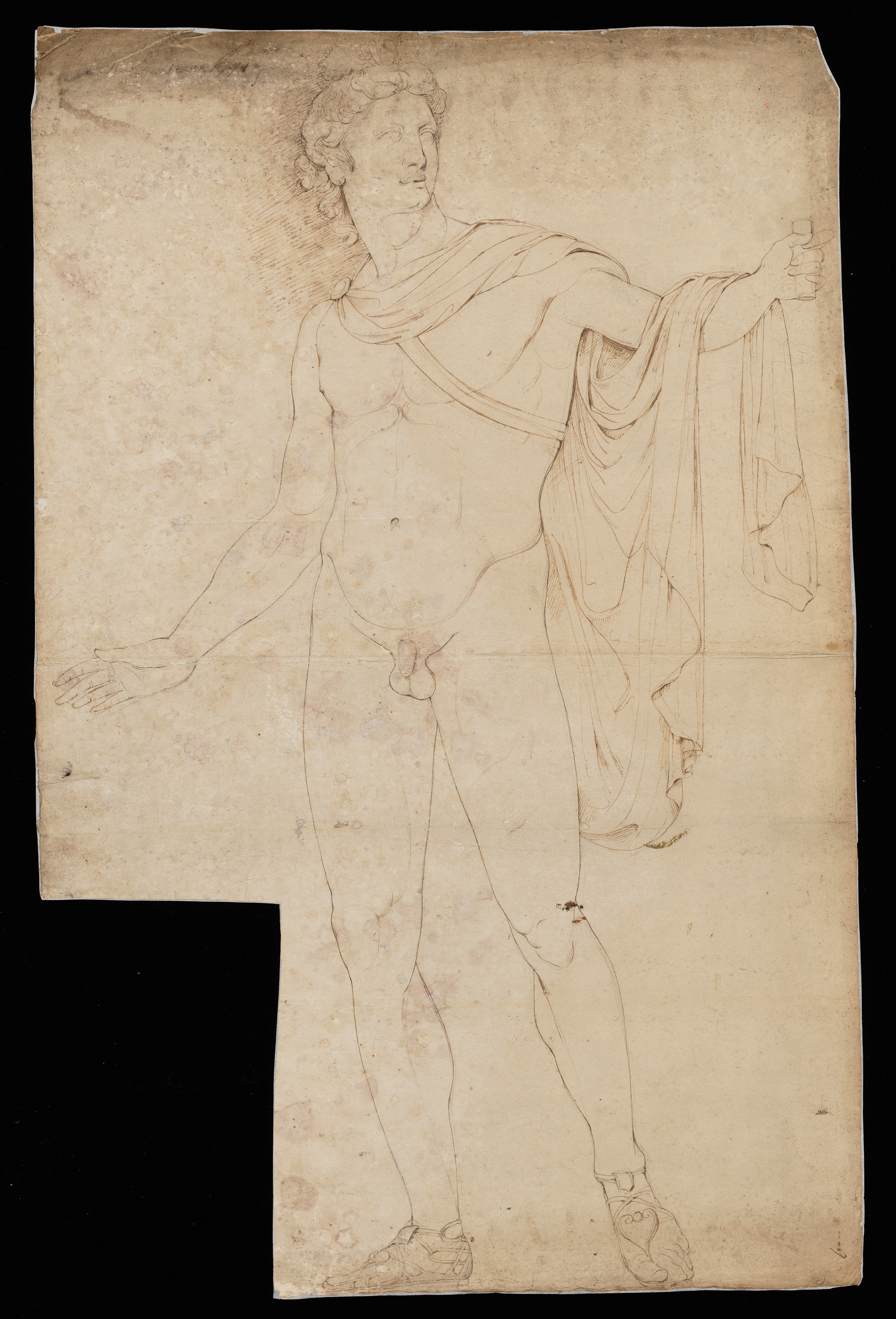 Drawing of a nude male figure, standing, identified as the sculpture known as the 'Apollo Belvedere'. He is seen from the front, his head turning to the right, his left hand raised and holding a baton or sword grip. He wears a strap across his chest and cloak draped around his shoulders. Inscribed on recto, to upper left (handwritten in ink): 'Apollo Belevdere / J. Wright Rome 1774' and to lower right (handwritten in ink): '9'. A rectangular piece has been cut from the sheet at the lower left corner. shape Made by Joseph Wright of Derby (1734 - 1797),1774. Pen and ink over pencil on laid paper washed grey-blue. Displayed in a cream window mount.