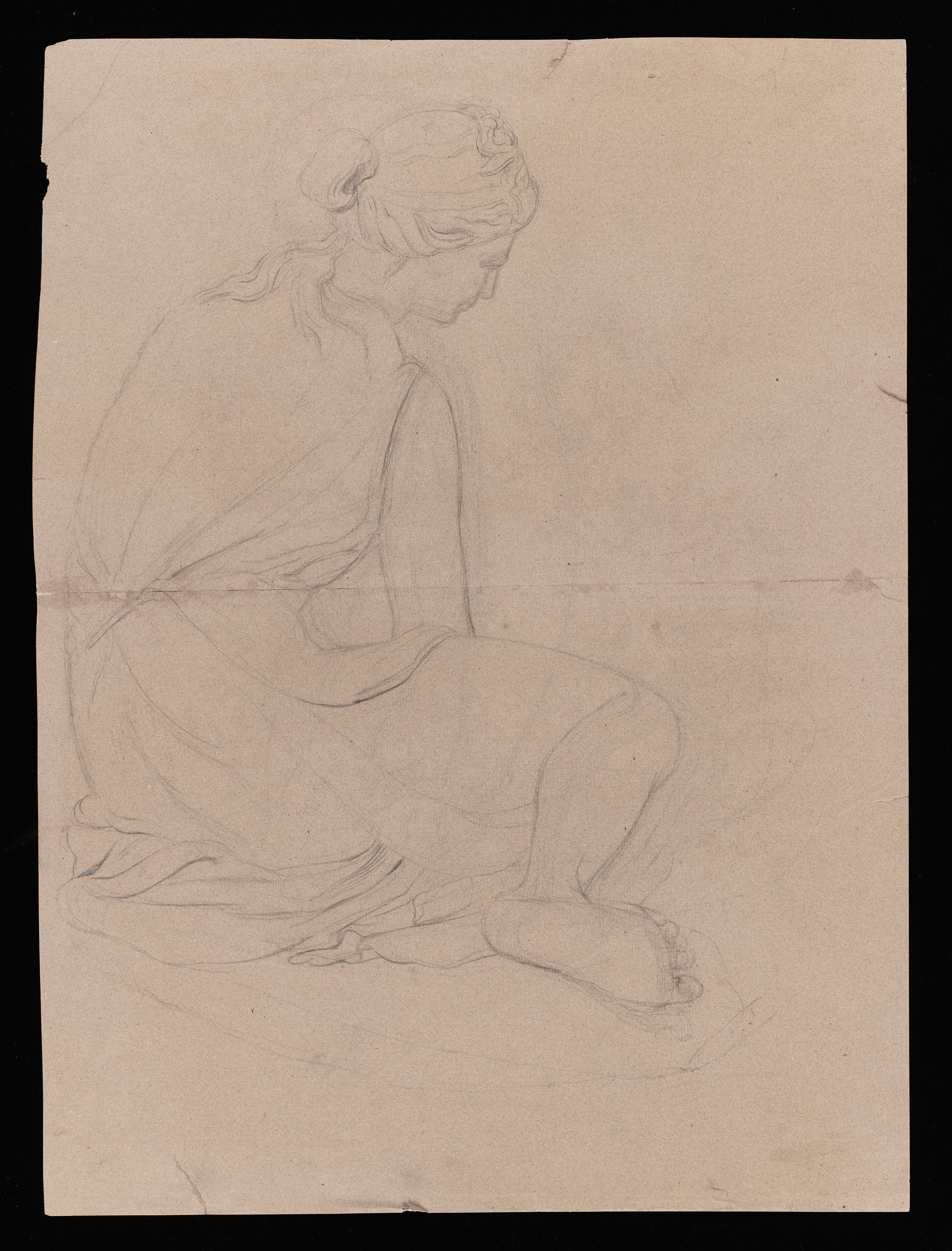 Drawing of a female figure, seated, identified as a study of the sculpture known as 'Nymph with a Shell'. The figure is seen from behind, and faces to the right. She is dressed in a simple garment, which is tied at the waist and falls open to expose the her bare right leg and foot. Her hair is braided around her head and knotted, leaving a few loose tendrils hanging behind. The sheet was once folded along its centre, and a tear along the fold line has since been repaired. Made by Joseph Wright of Derby (1734 - 1797), c. 1768 - 69. Pencil on brown laid paper. Displayed in a cream window mount.