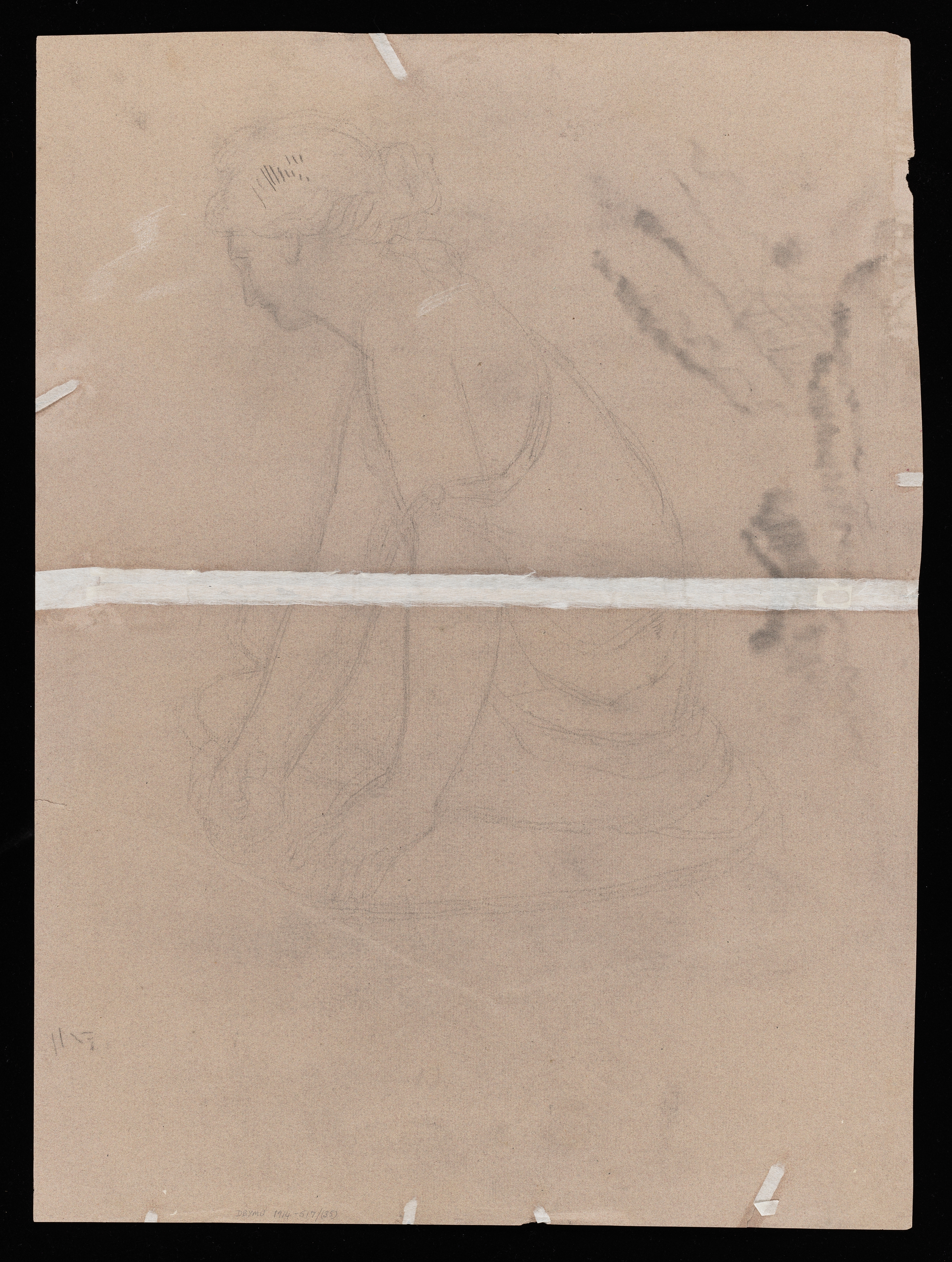 Drawing of a female figure, seated, identified as a study after the sculpture known as 'Nymph with a Shell'. The figure is viewed from the side and faces left. She is seated on a low plinth and handles a sea shell. She is dressed in a simple garment, which is tied at the waist and falls from her left shoulder. Her hair is braided around her head and knotted behind. Inscribed to the lower left of the sheet (handwritten in pencil) is Derby Museums' accession number. The sheet is creased across its centre and repairs to an historic tear along the fold line are visible. The item's Derby Museums accession number is handwritten in pencil in the lower left corner of the sheet. Made by Joseph Wright of Derby (1734 - 1797), c. 1769. Pencil on brown laid paper. Displayed in a cream window mount.