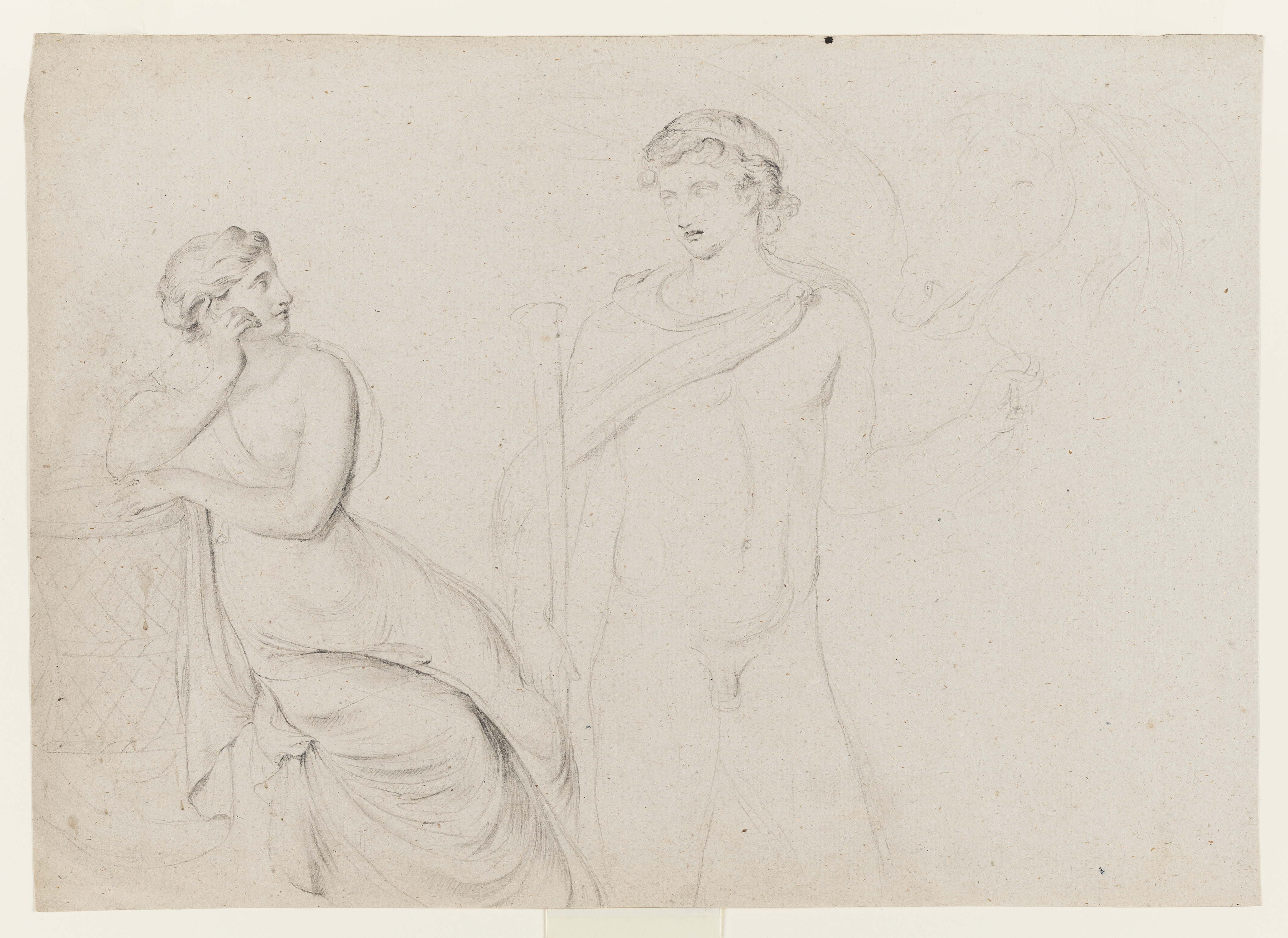 Drawing of a female figure, seated, and a nude male figure leading a horse, after an unidentified Antique sculpture. Made by Joseph Wright of Derby (1734-1797), c.1774-75. Pencil and charcoal on laid paper. Displayed in a cream window mount.