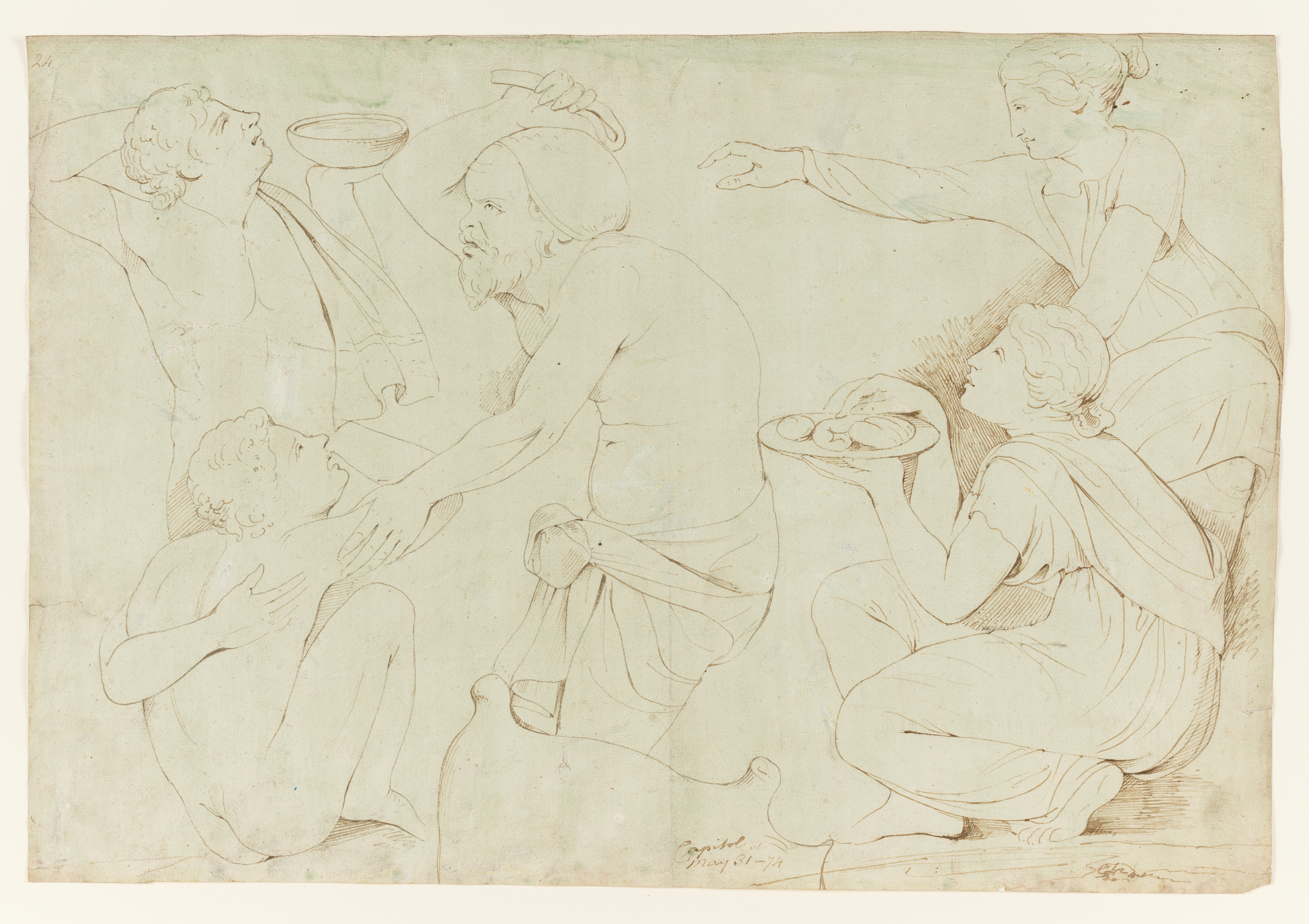 Drawing of male and female figures, identified as a study of a relief on an ancient Greek sarcophagus depicting the 'Education of the Infant Dionysus', in the Capitoline Museums, Rome. The drawing combines two separate parts of the long relief: on the left, taken from the centre of the relief, Silenus (facing left) raises a strap to hit the young Dionysus, whose right shoulder he holds. Behind, a satyr with an animal skin over shoulder, raises a bowl. On the right, taken from the extreme right end of the sarcophagus, a female figure is crouching and holding out a bowl of fruit as if to tempt the infant Dionysus (omitted by Wright), whilst a standing female figure behind her reaches her right arm out. Inscribed on recto, to lower centre (handwritten in ink): 'Capitol / May 31st - 74' and to upper left (handwritten in ink): '24'. Made by Joseph Wright of Derby (1734 - 1797), 1774. Pen and ink on light green washed paper. Displayed in a cream window mount.