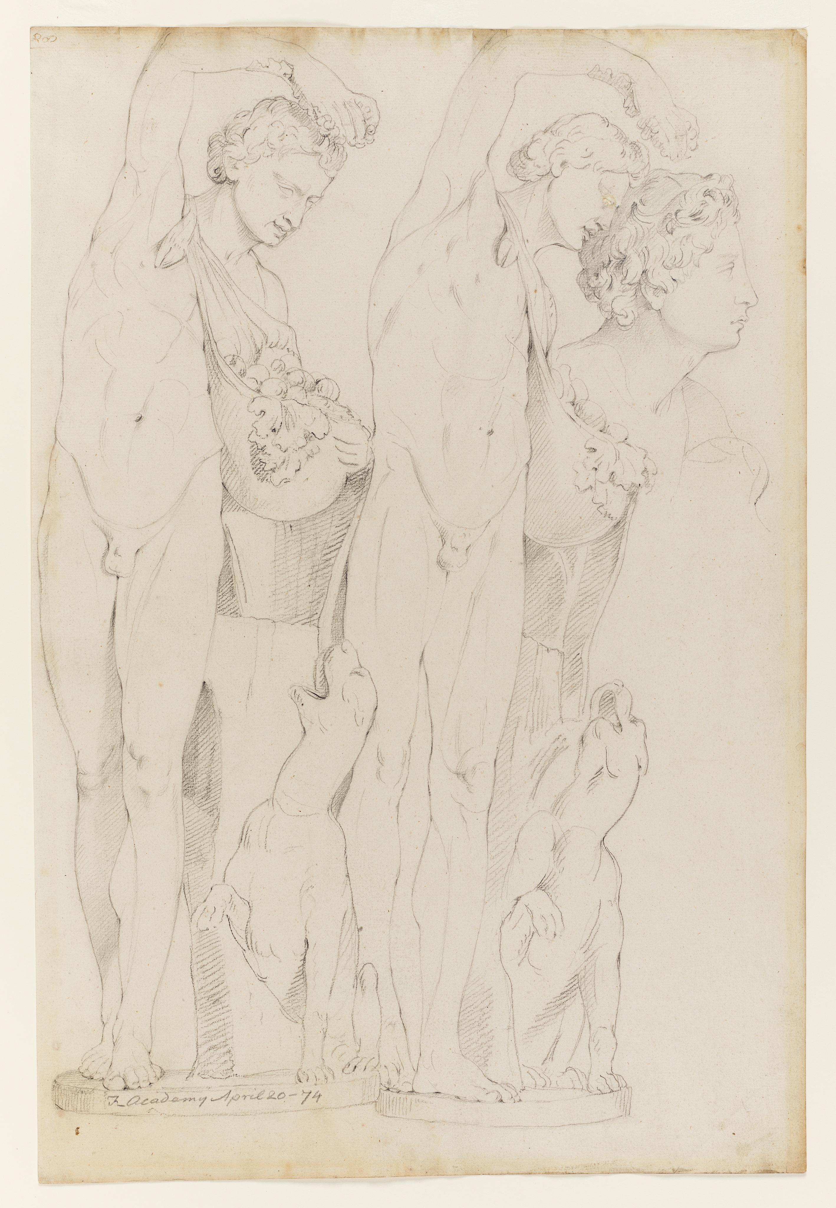Drawing of a nude male figure with a panther, seen from two slightly different angles, and a male head seen in profile, facing right. Identified as a study of a sculpture of 'Dionysus with Panther' and a study of the head of 'Ganymede' from a cast of the Roman sculpture 'Ganymede and the Eagle', in The Uffizi (formerly in the Villa Medici, Rome). Inscribed on the recto, along the edge of the pedestal (handwritten in pencil): 'F - Academy April 20 - 74' and to top left (handwritten in ink): '200'. Made by Joseph Wright of Derby (1734 - 1797), 1774. Pencil on paper. Displayed in a cream window mount.