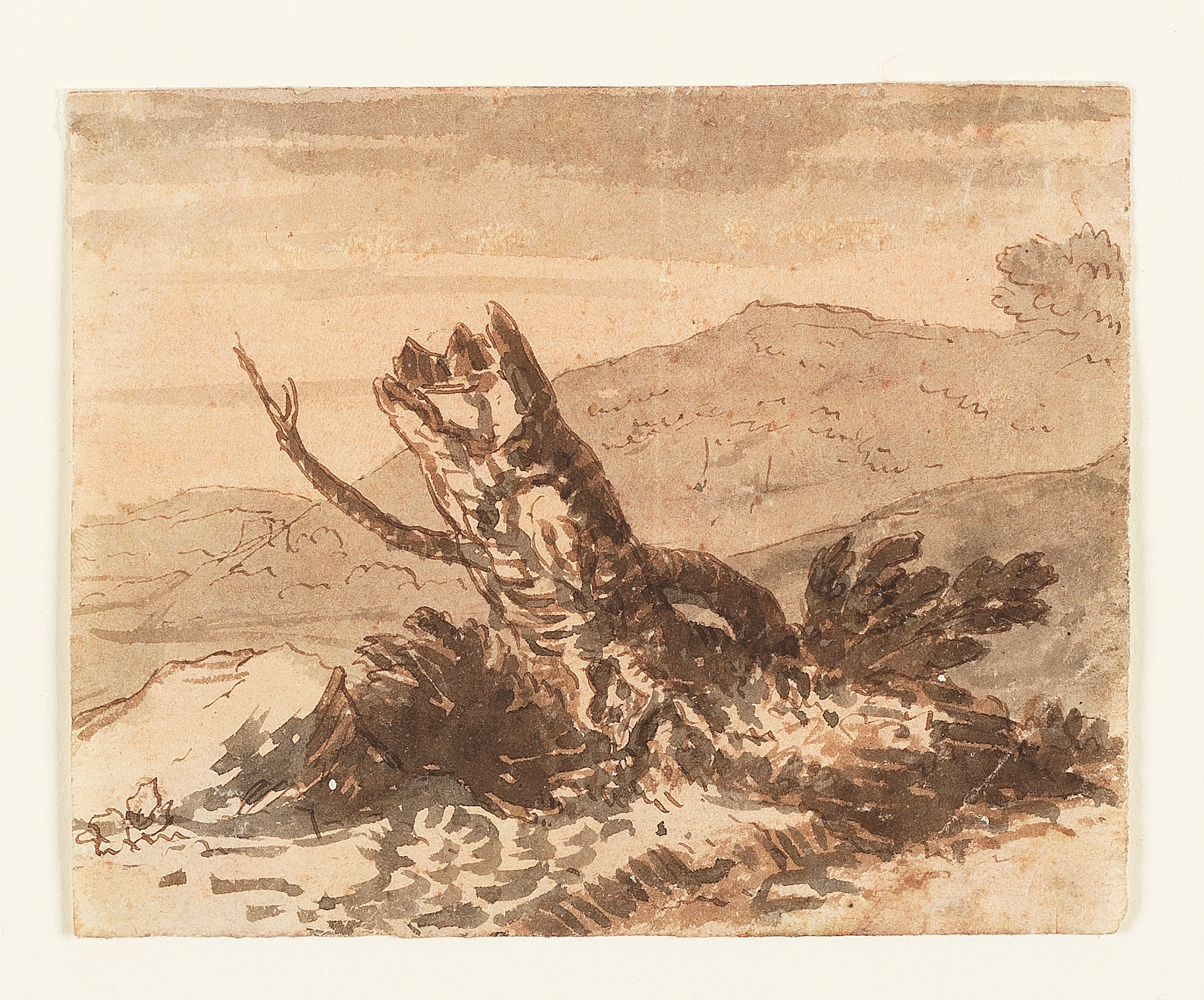 Drawing of a firework display at night, identified as a view of the 'Girandola' in Rome. The view shows rockets flying from the Castel Sant'Angelo, Rome, with the dome of Saint Peter's beyond and a burst of sparks to the right. A monumental column is visible to the left of the scene, its top obscured by smoke. Inscribed on recto, to top left left (handwritten in ink): 'JW Rome June 4 - 1774'. Made by Joseph Wright of Derby (1734 - 1797), 1774. Pen and brown ink with sepia wash on paper. Displayed in a cream window mount.