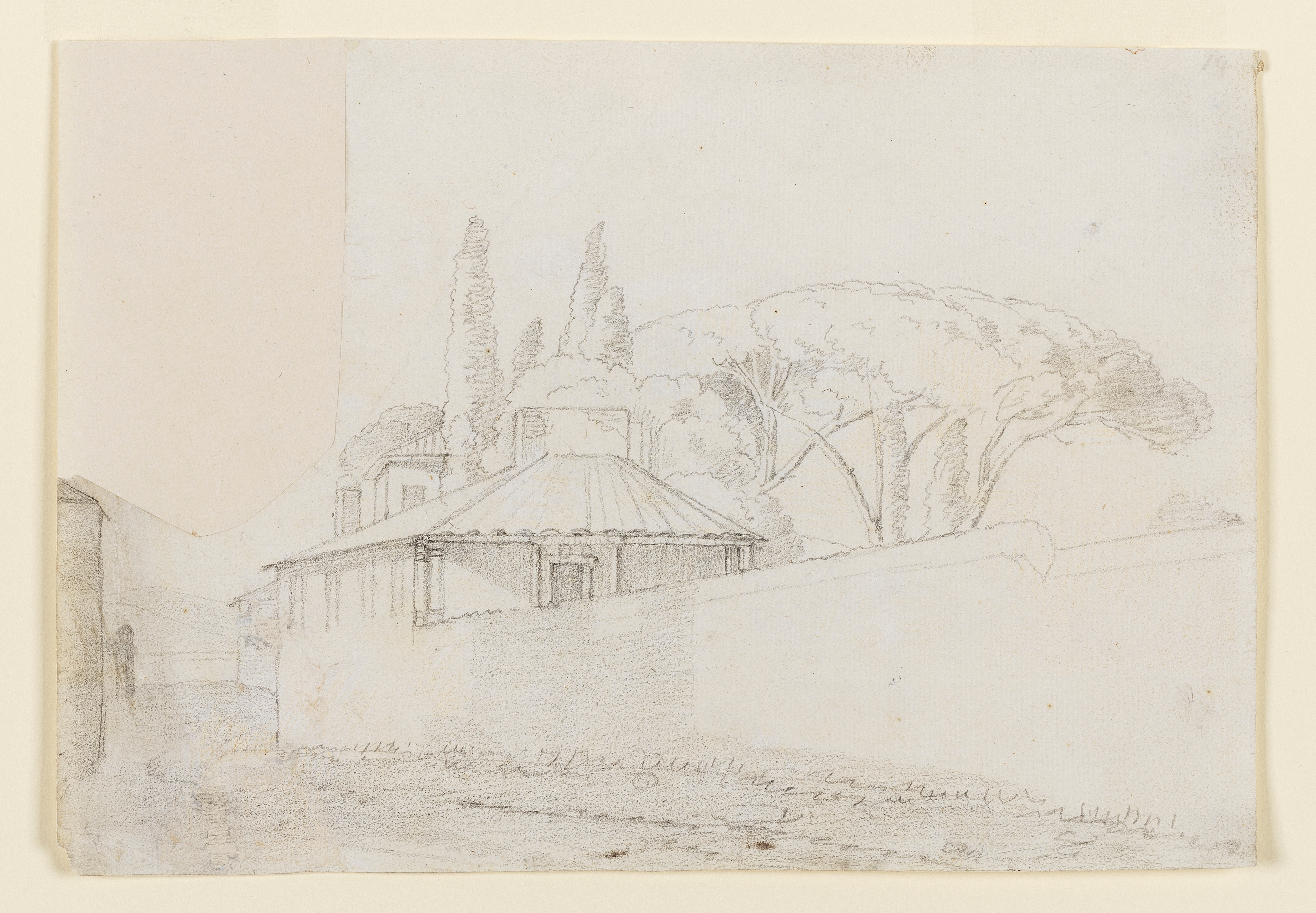 Drawing of a settlement with a view of a villa behind a wall, cypress trees and umbrella pines beyond. Inscribed on recto, to top right (handwritten in pencil): '19'. A piece of the sheet has been cut from the top left corner and repaired. Made by Joseph Wright of Derby (1734 - 1797), 1773-1775. Pencil on paper. Displayed in a cream window mount.