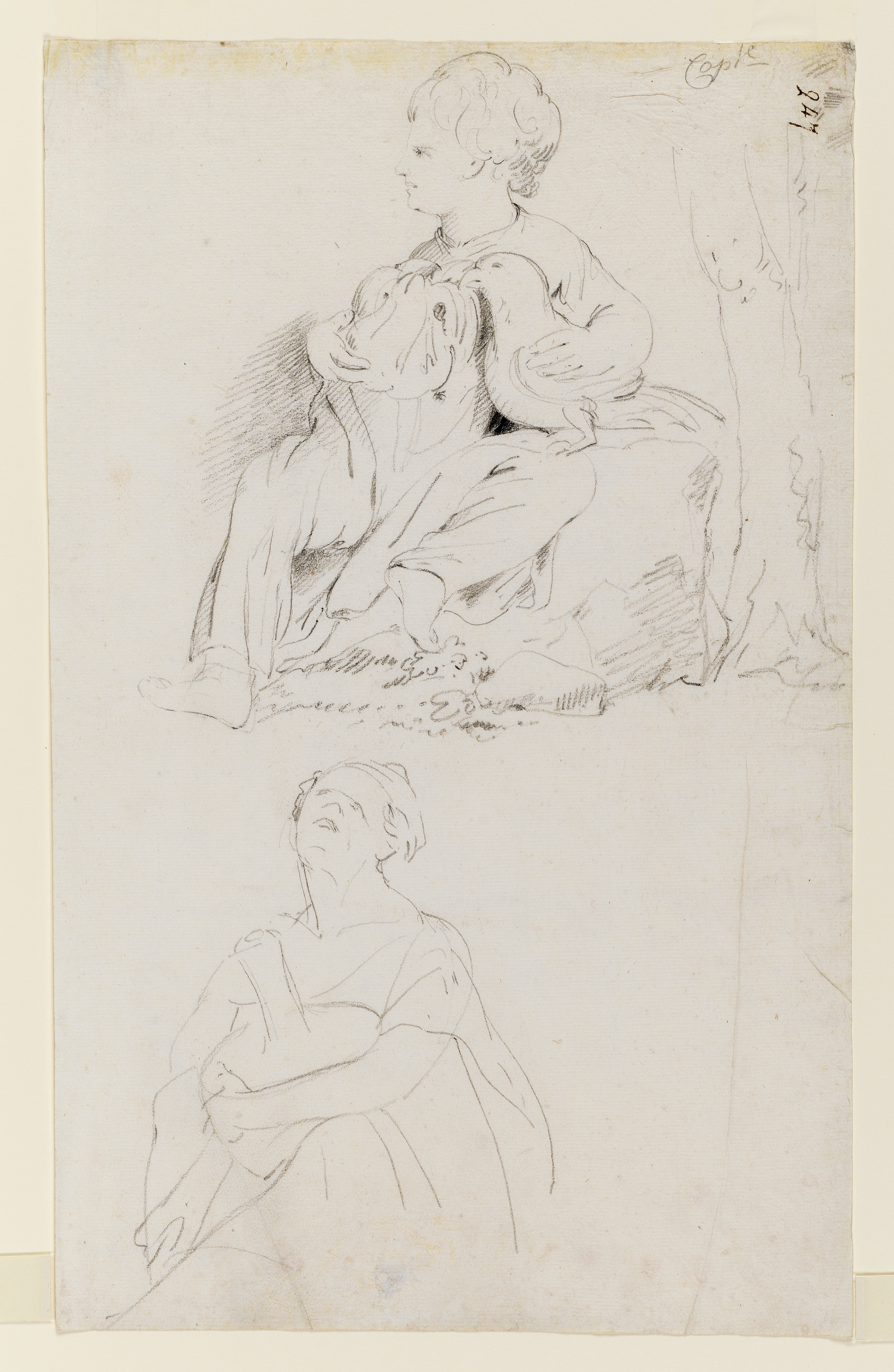 Drawing of a settlement with a view of a villa behind a wall, cypress trees and umbrella pines beyond. Inscribed on recto, to top right (handwritten in pencil): '19'. A piece of the sheet has been cut from the top left corner and repaired. Made by Joseph Wright of Derby (1734 - 1797), 1773-1775. Pencil on paper. Displayed in a cream window mount.