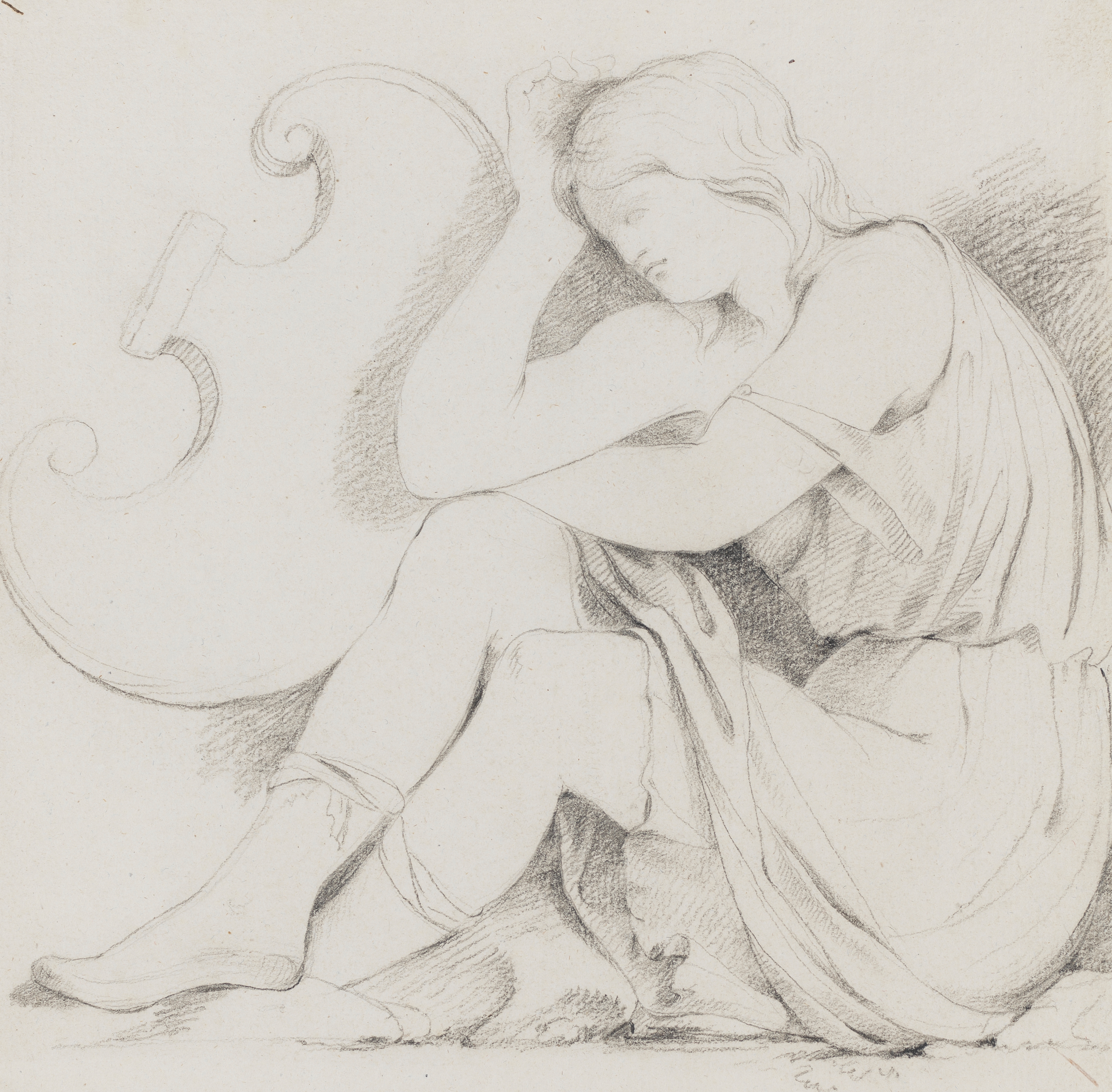 Drawing of a young woman seated, facing left, with her head on her hand. Identified as a study of the figure of an 'Amazon' from a Roman sarcophagus in the Capitoline Museums, Rome. Inscribed on recto, to top left (handwritten in ink): '110'. Made by Joseph Wright of Derby (1734 - 1797), c. 1774-5. Pencil and charcoal on paper. Displayed in a cream window mount.