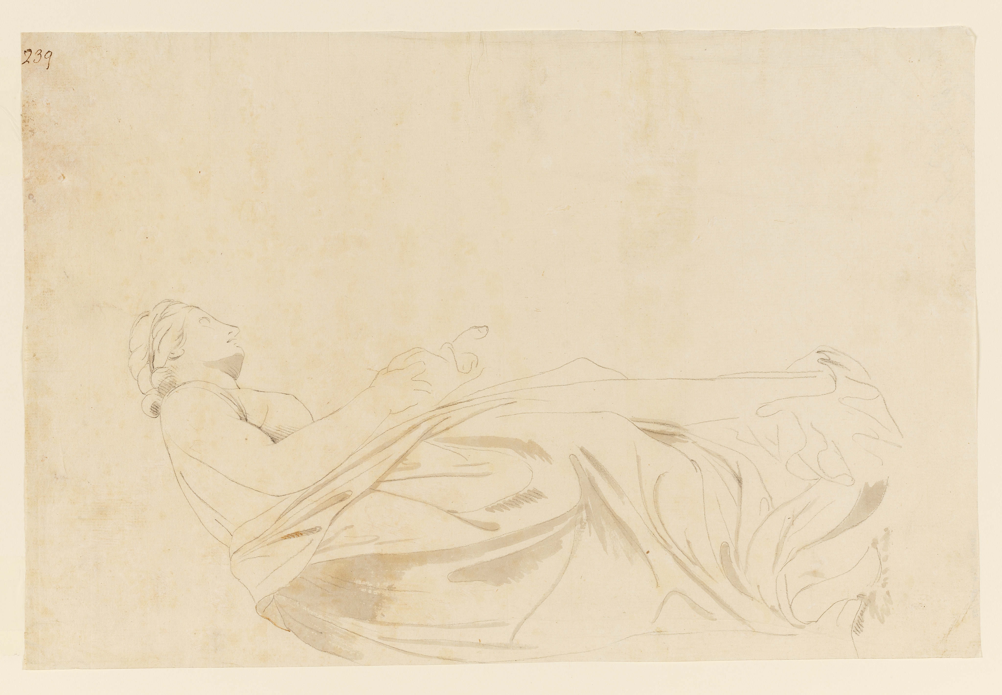 Drawing of a female figure, standing, after an unidentified Antique sculpture. The figure is leaning to the right with a raised foot, possibly pouring something. Inscribed on recto, to top right (handwritten in ink): '239'. Made by Joseph Wright (1734 - 1797), 1774. Pencil and charcoal and grey wash on paper. Displayed in a cream window mount.