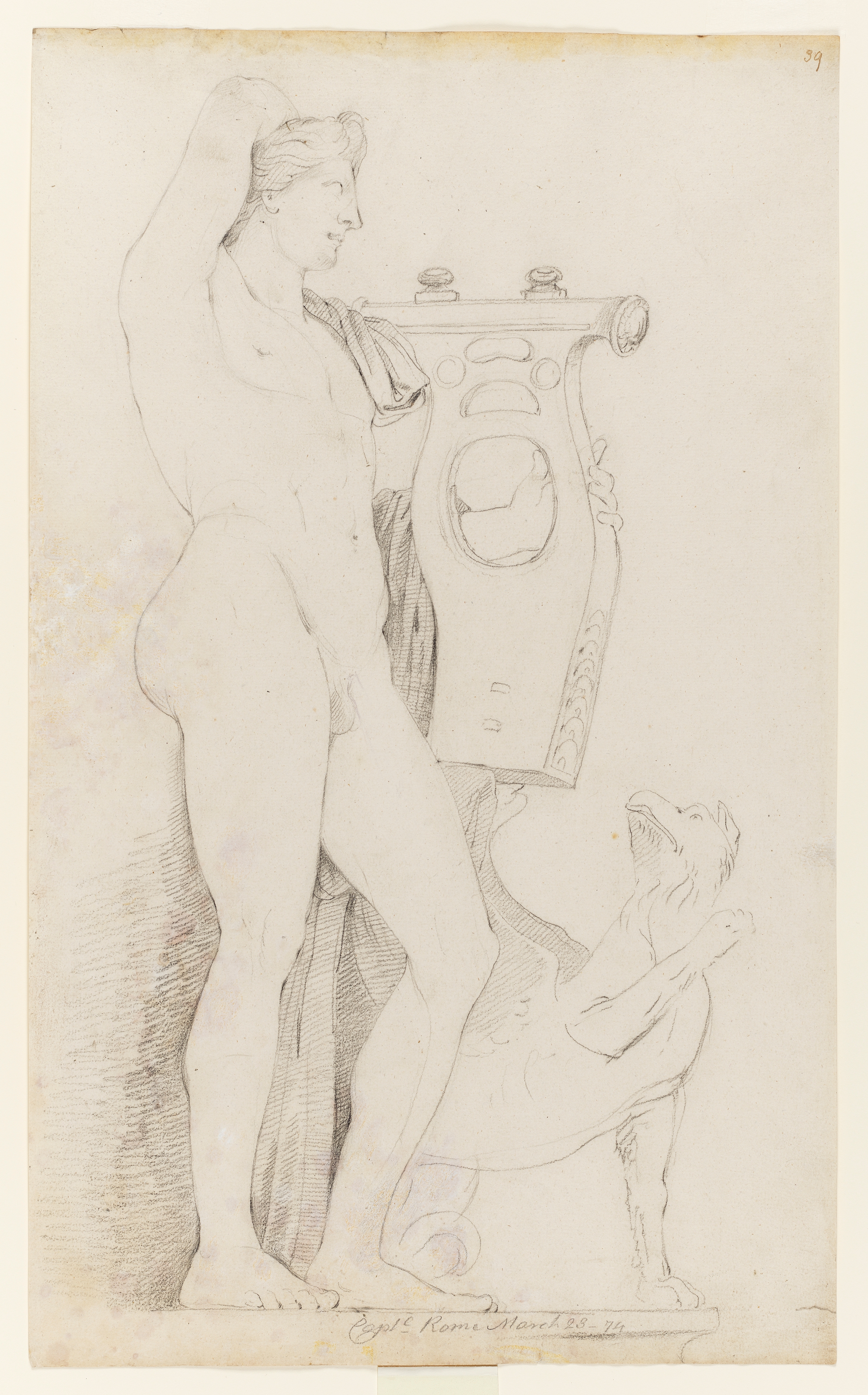 Drawing of a nude male figure holding a lyre, with a griffin to his left; identified as a study of a Roman sculpture (after an early Hellenistic original), known as 'Apollo with Lyre and Griffin', which is at the Capitoline Museums in Rome. Inscribed on recto, to top right (handwritten in ink): '39' and on the pedestal (handwritten in pencil): 'Caple_ Rome March 23 - 74'. Made by Joseph Wright of Derby (1734-1797), 1774. Pencil and charcoal on paper. Displayed in a cream window mount.