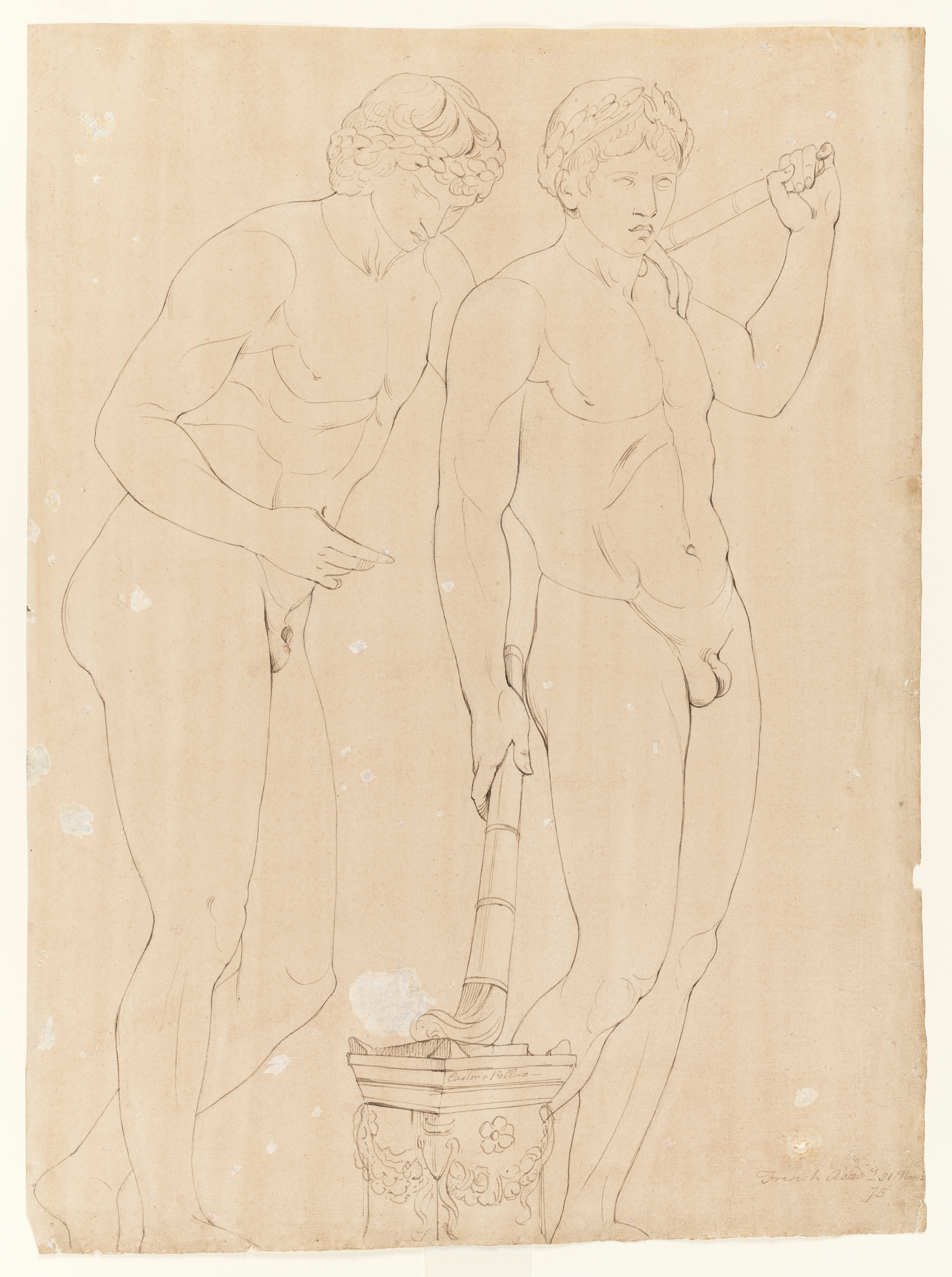 Drawing of two nude male figures, one brandishing two torches, identified as a study of a cast of a Roman sculpture of 'Castor and Pollux'. The figures where laurels in their hair. The figure on the right holds a torch on his shoulder and places another, flaming, torch to an altar decorated with floral wreaths. The left figure leans on the right figure and his face is turned downwards. Inscribed on recto, to bottom right (handwritten in ink): 'French Acady. 31 March / 75' and on capitol (handwritten in ink): 'Castor & Pollux - '. Made by Joseph Wright of Derby (1734-1797), 1775. Pen and ink over pencil on paper. Displayed in a cream window mount.