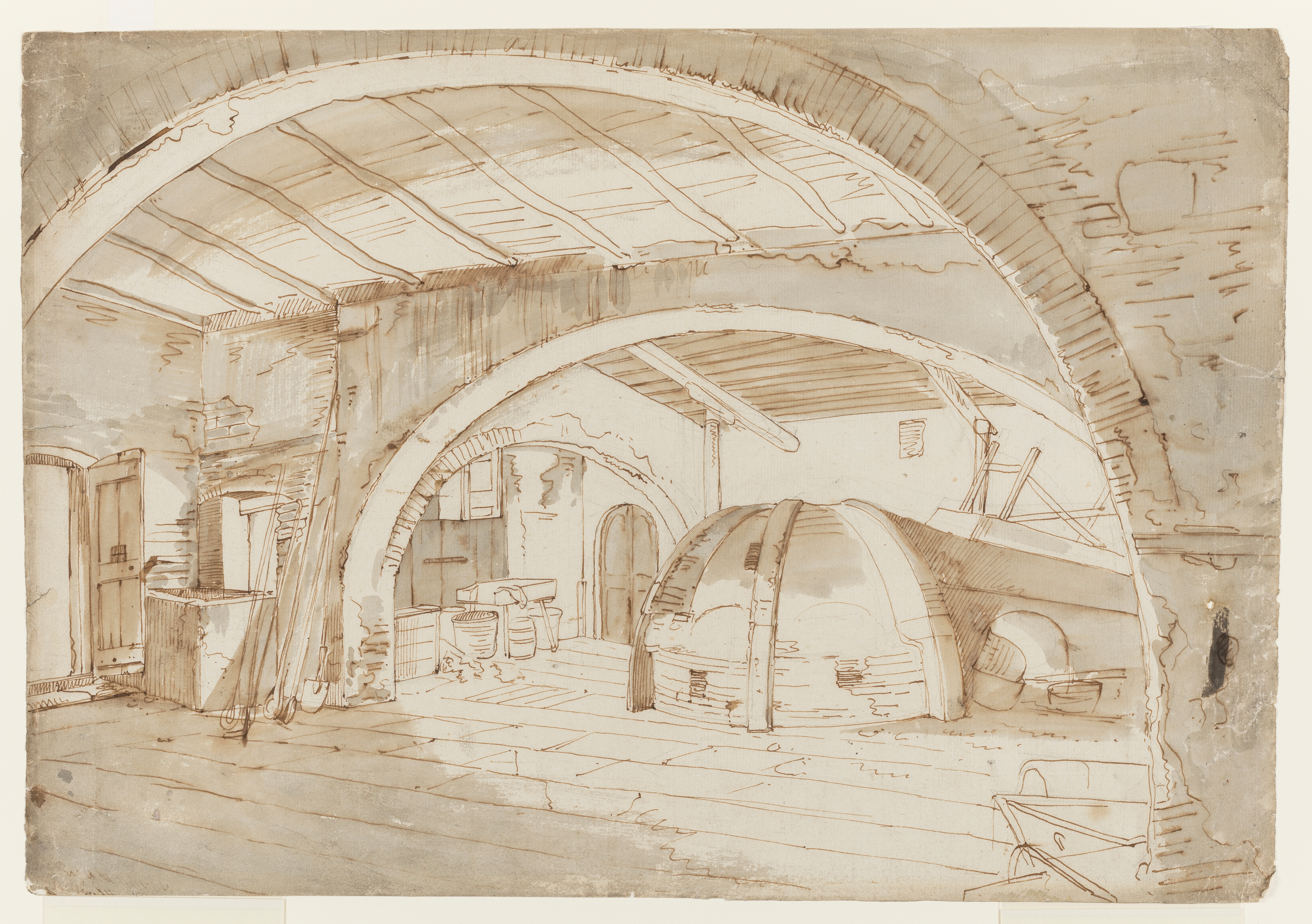 Drawing of a settlement with a view of a villa behind a wall, cypress trees and umbrella pines beyond. Inscribed on recto, to top right (handwritten in pencil): '19'. A piece of the sheet has been cut from the top left corner and repaired. Made by Joseph Wright of Derby (1734 - 1797), 1773-1775. Pencil on paper. Displayed in a cream window mount.